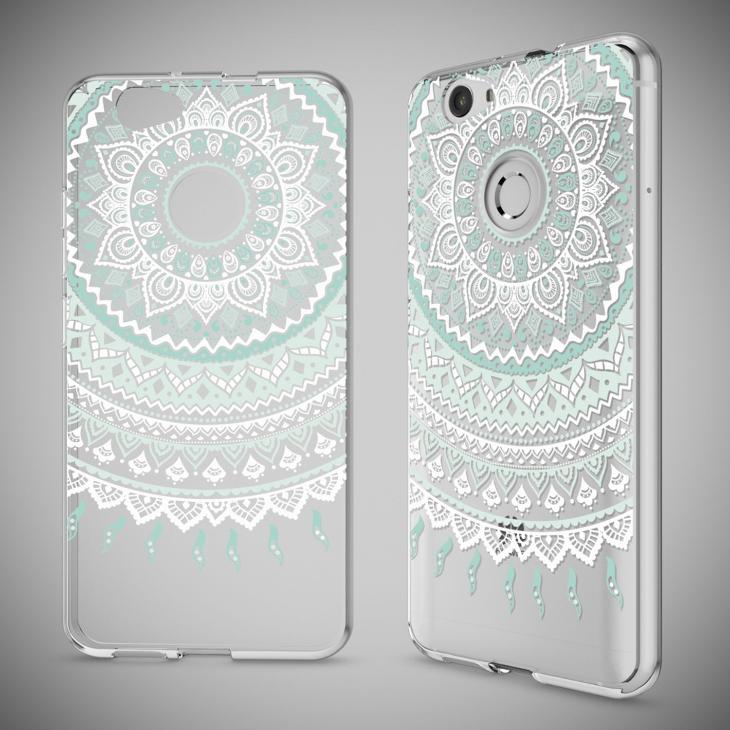 Zwei transparente Handyhüllen mit einem mintgrünen und weißen Mandala-Muster auf grauem Hintergrund.