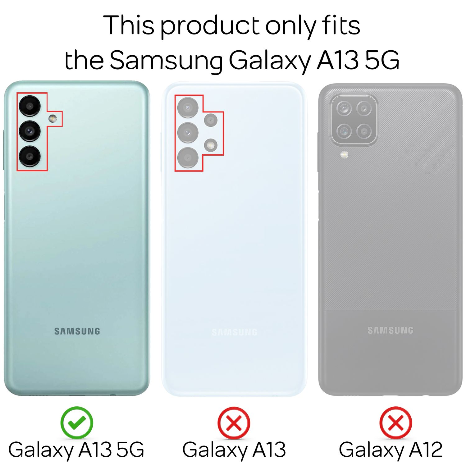 Tre Samsung: A13 5G (verde) sì, A13 (bianco) no, A12 (grigio) no.