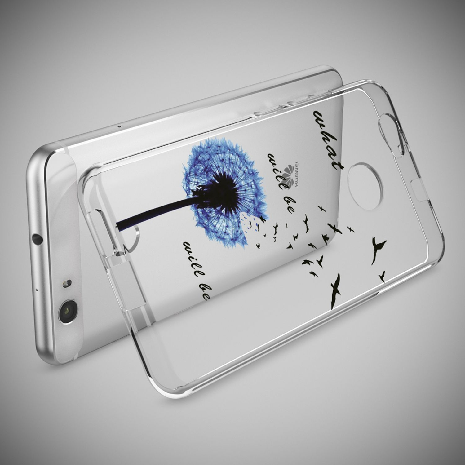 Transparente Handyhülle mit blauer Pusteblume und fliegenden Vögeln.