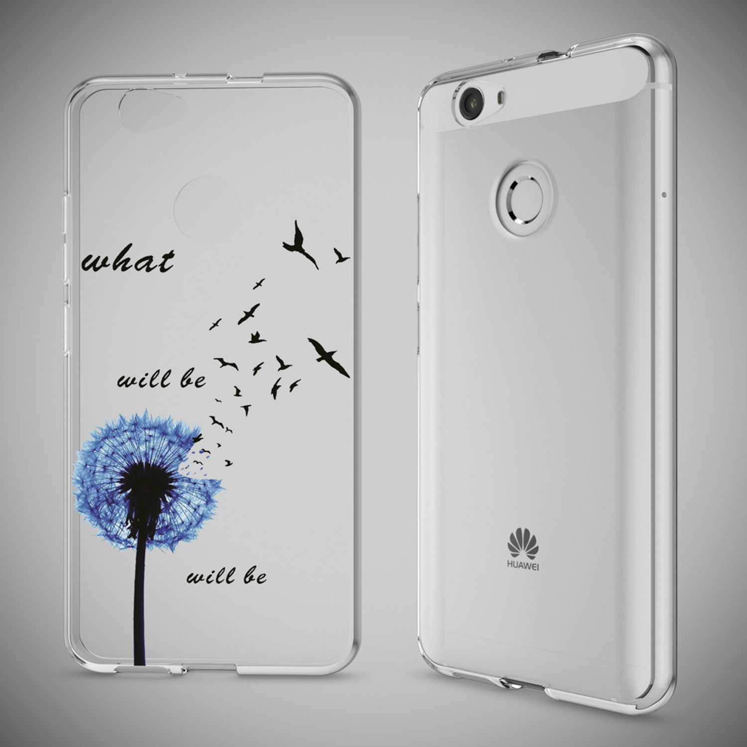 Transparente Handyhülle mit Löwenzahn und Vögeln, mit Huawei-Logo.