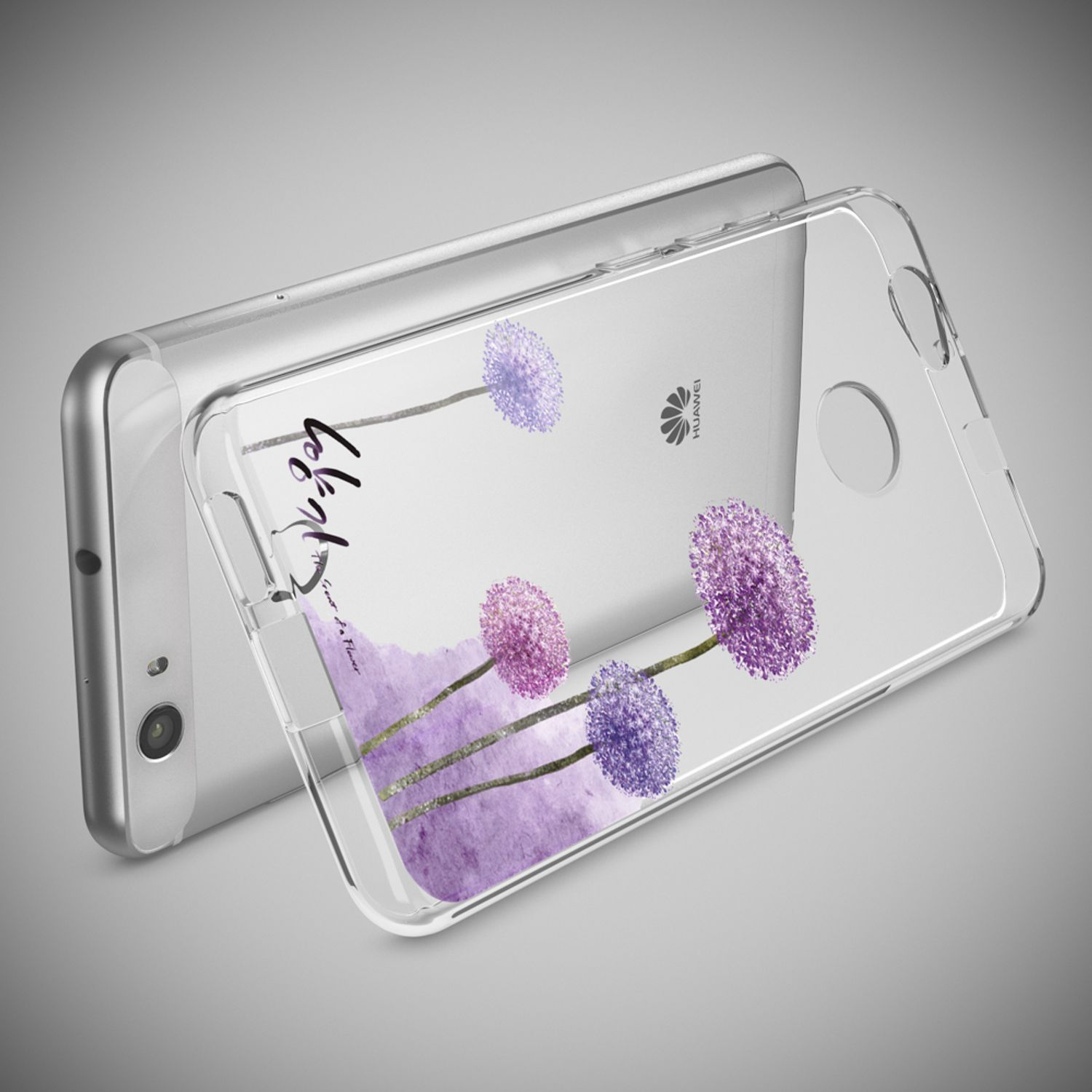 Ein transparenter Handyhülle mit lila Blumen auf einem Huawei-Telefon.