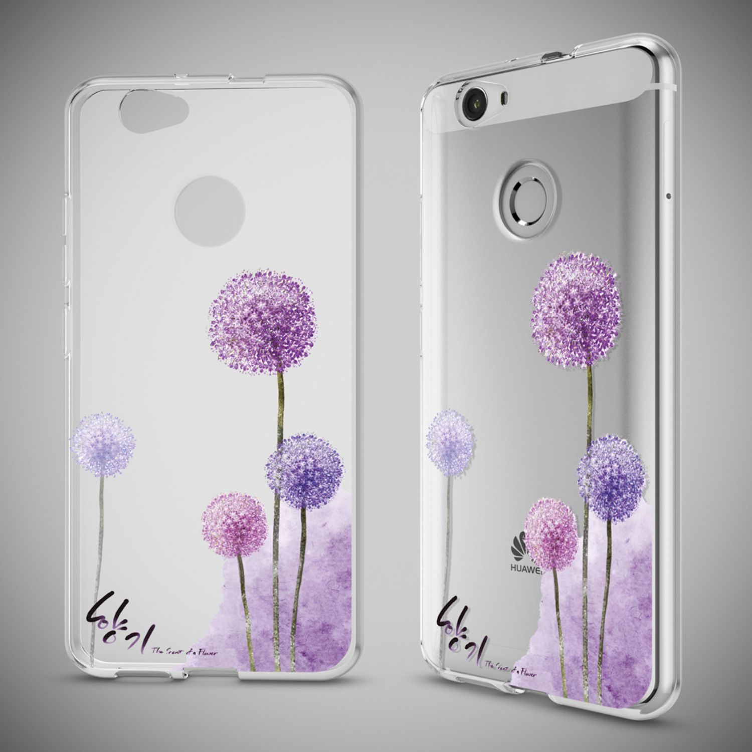 Transparente Handyhülle mit lila Zwiebelblumen-Design und Schriftzug.
