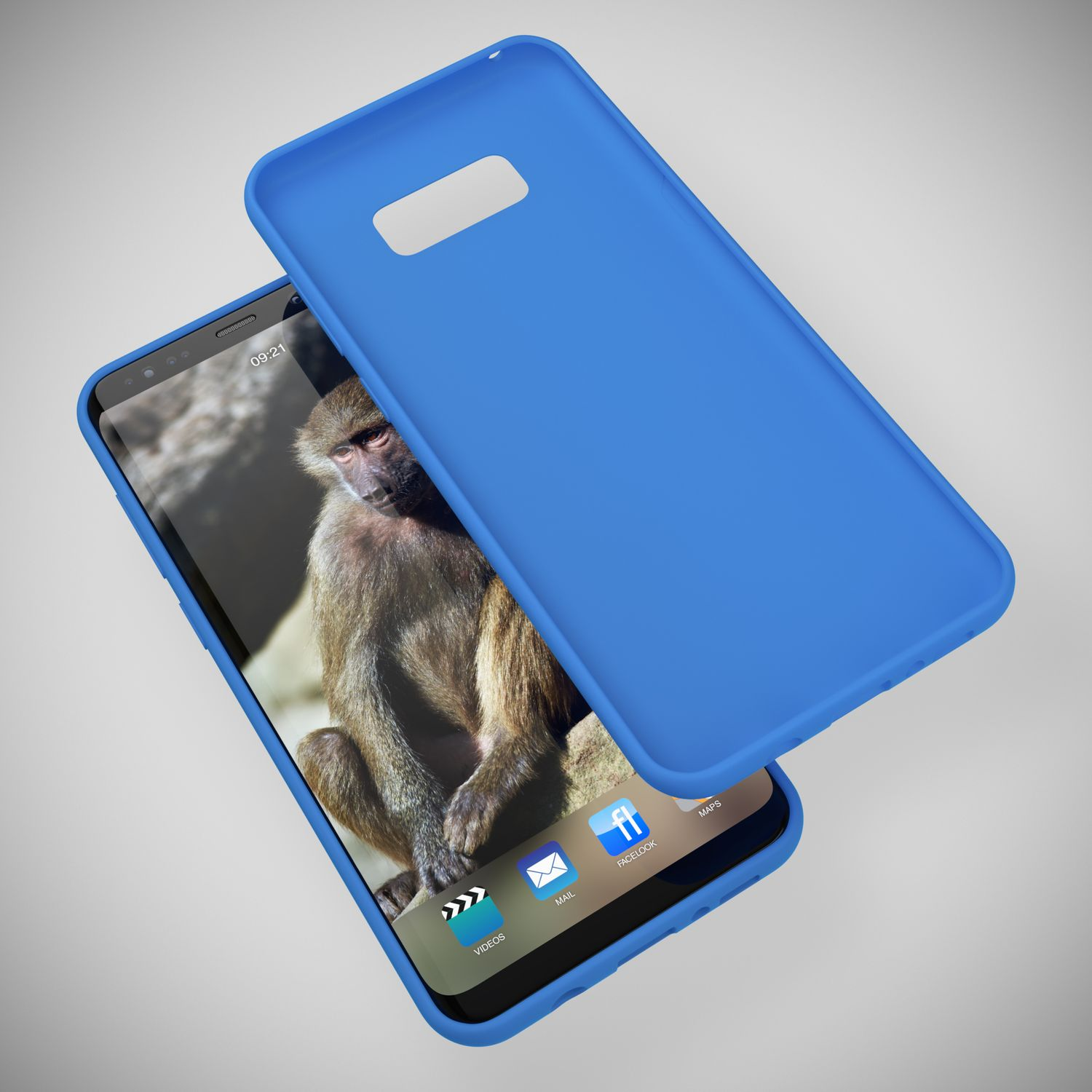 Ein blauer Handyhülle liegt über einem Smartphone mit einem Affenbildschirm.