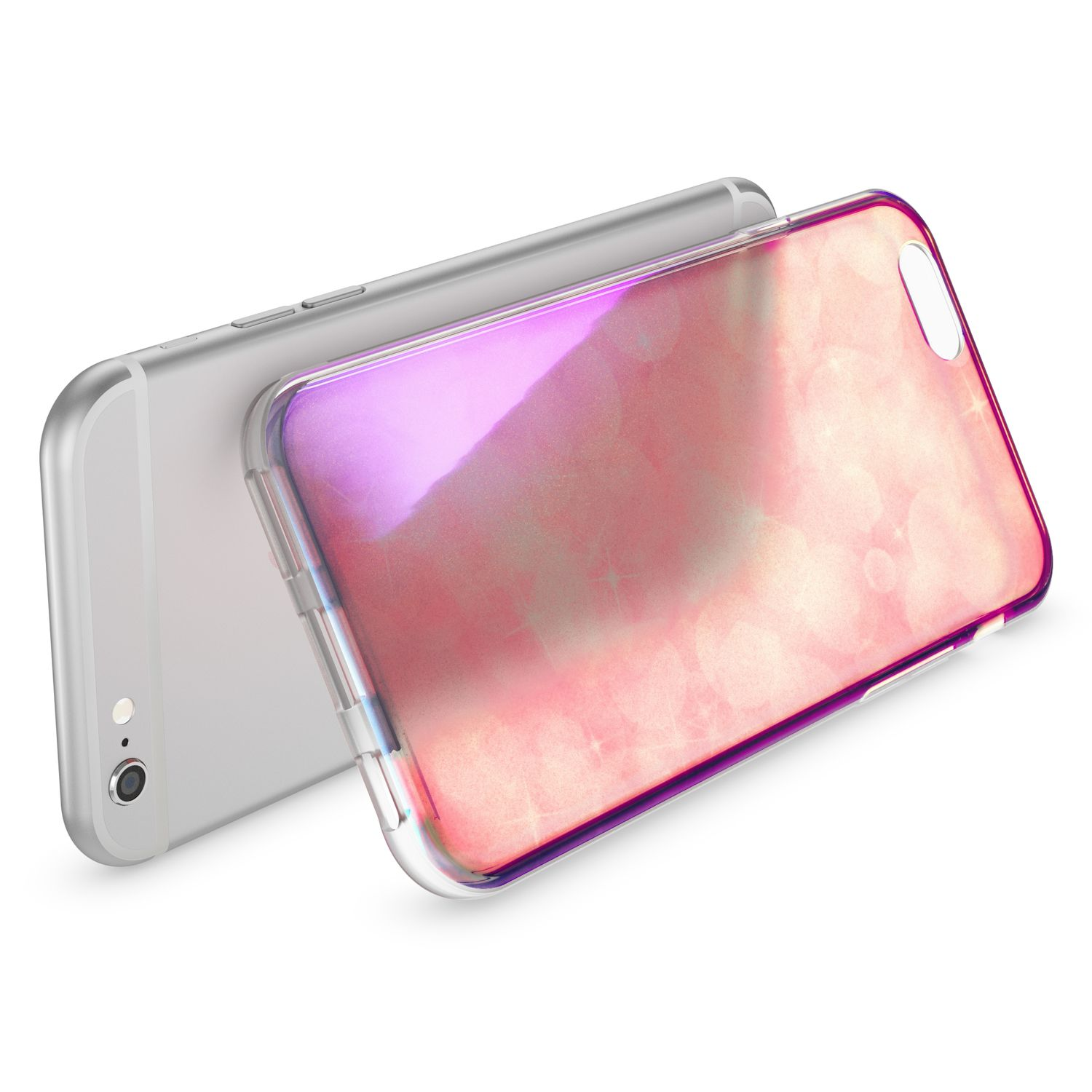 Silbernes Smartphone mit durchsichtiger Hülle mit schimmerndem Muster.