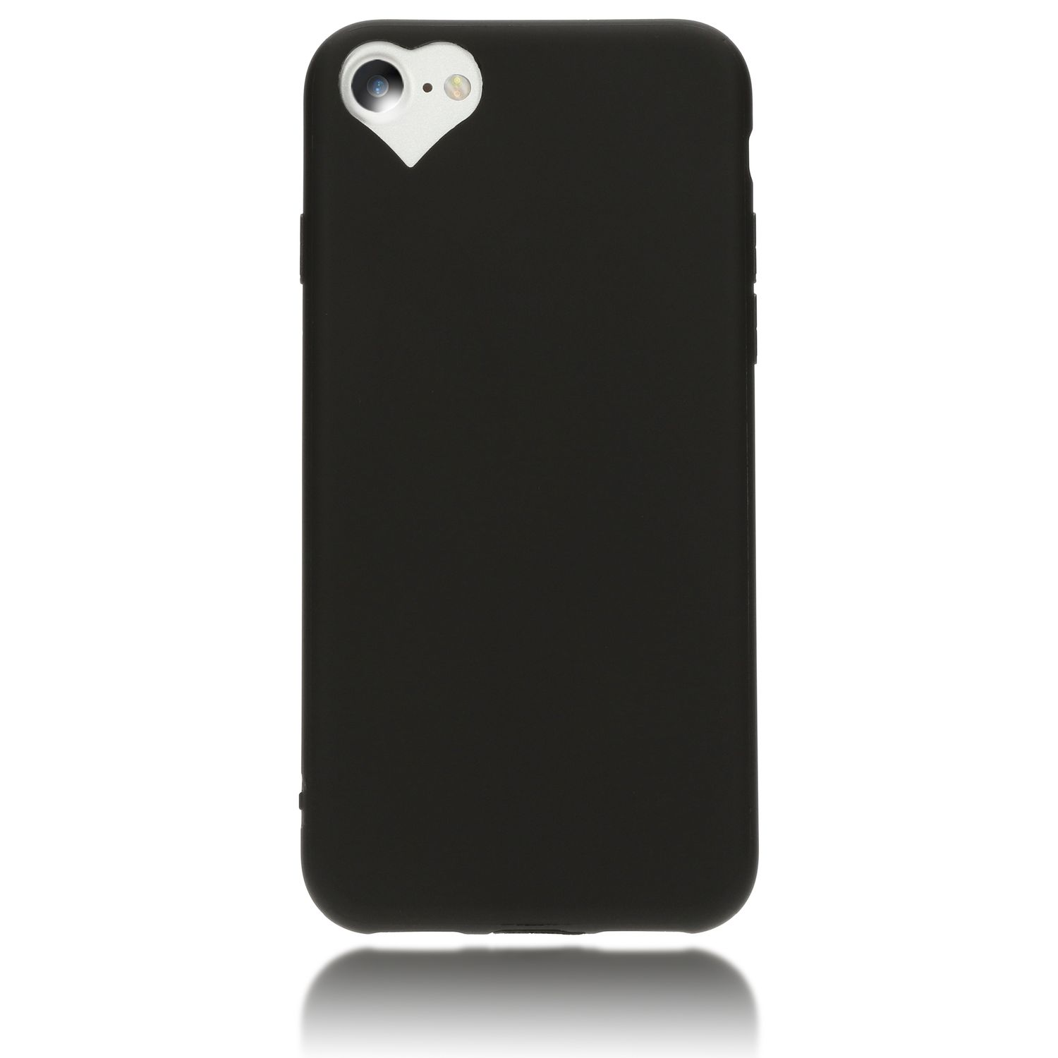 Cover nera per telefono con ritaglio fotocamera a forma di cuore su sfondo bianco.