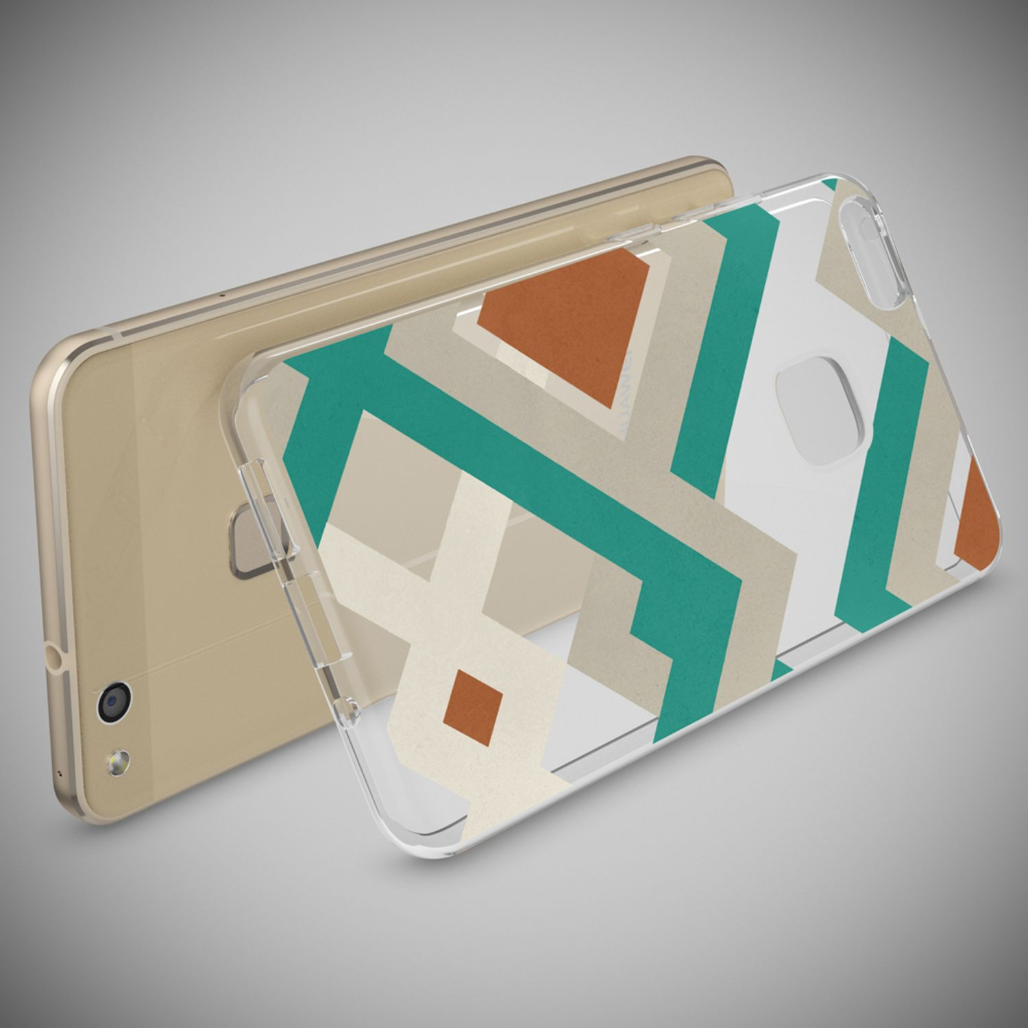 Uno smartphone dorato con cover trasparente a fantasia geometrica.