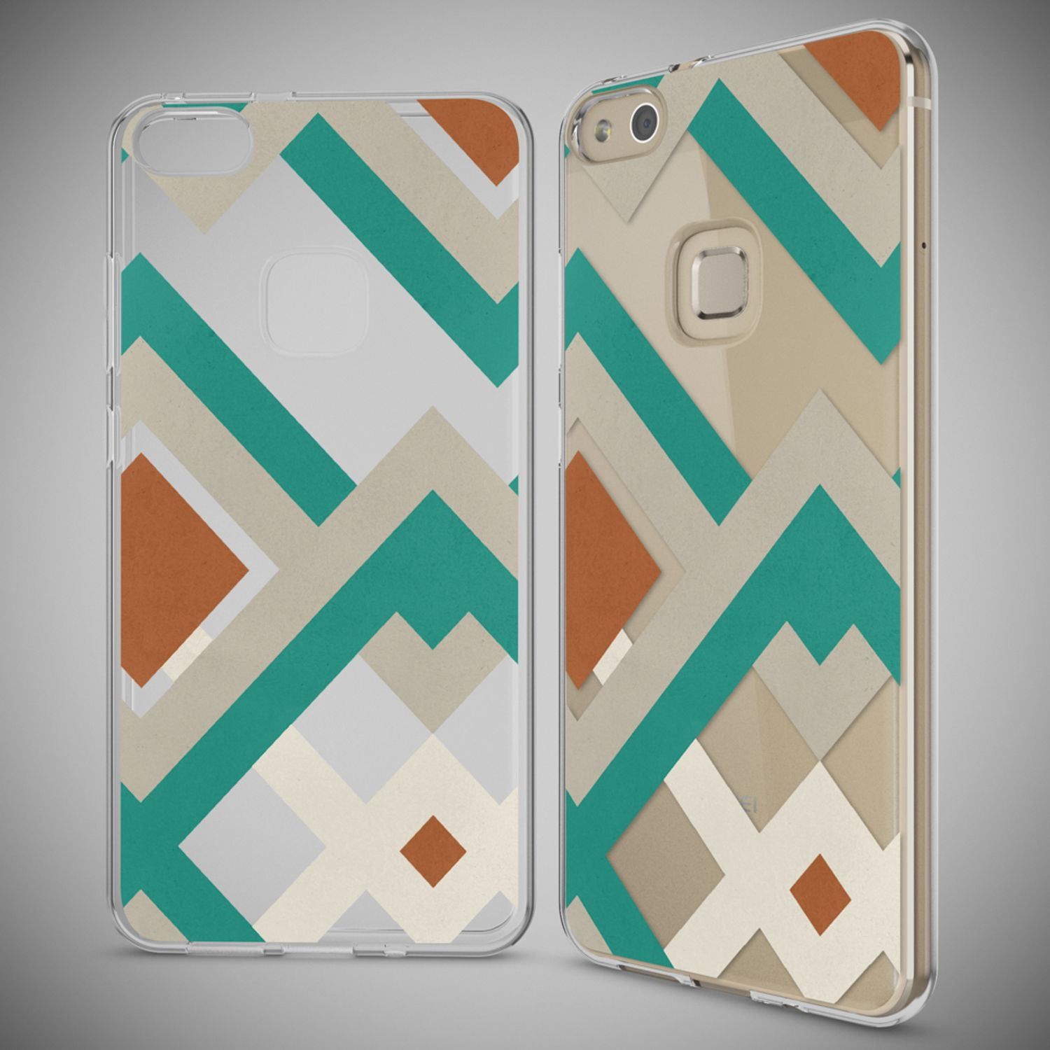 Due cover trasparenti per telefono con motivi geometrici in beige, bianco e arancione.
