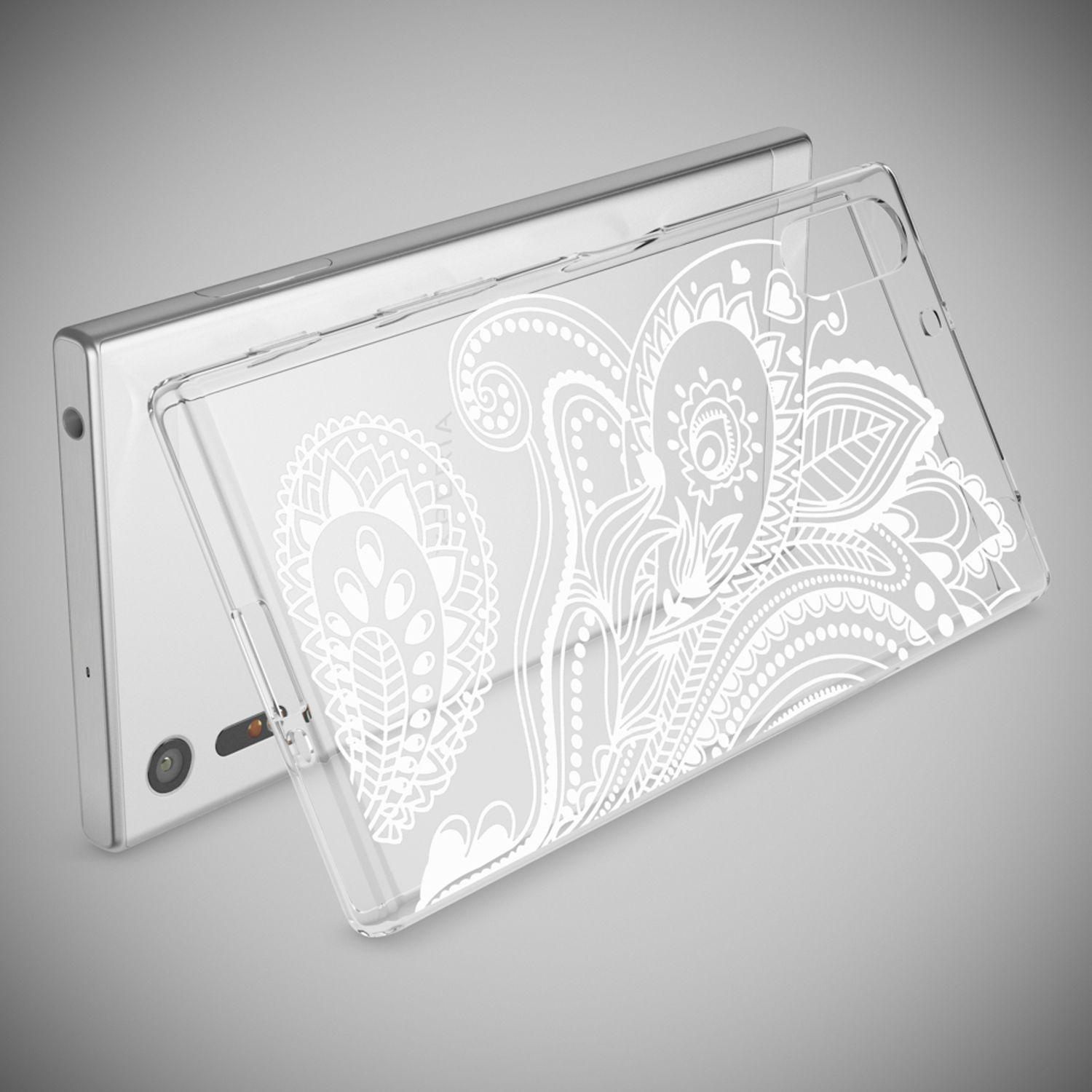 Ein schlankes Smartphone mit einem transparenten Schutzhülle mit weißem Muster.