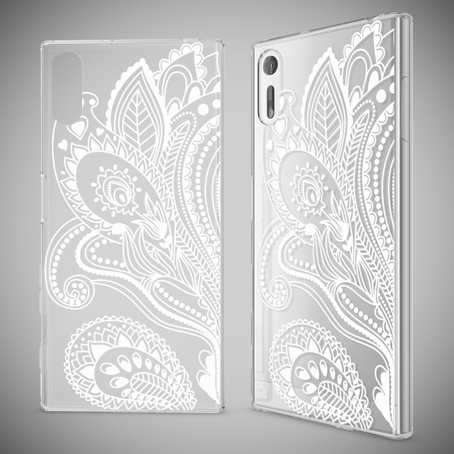 Transparente Handyhülle mit weißem Paisleymuster. Zwei Ansichten.