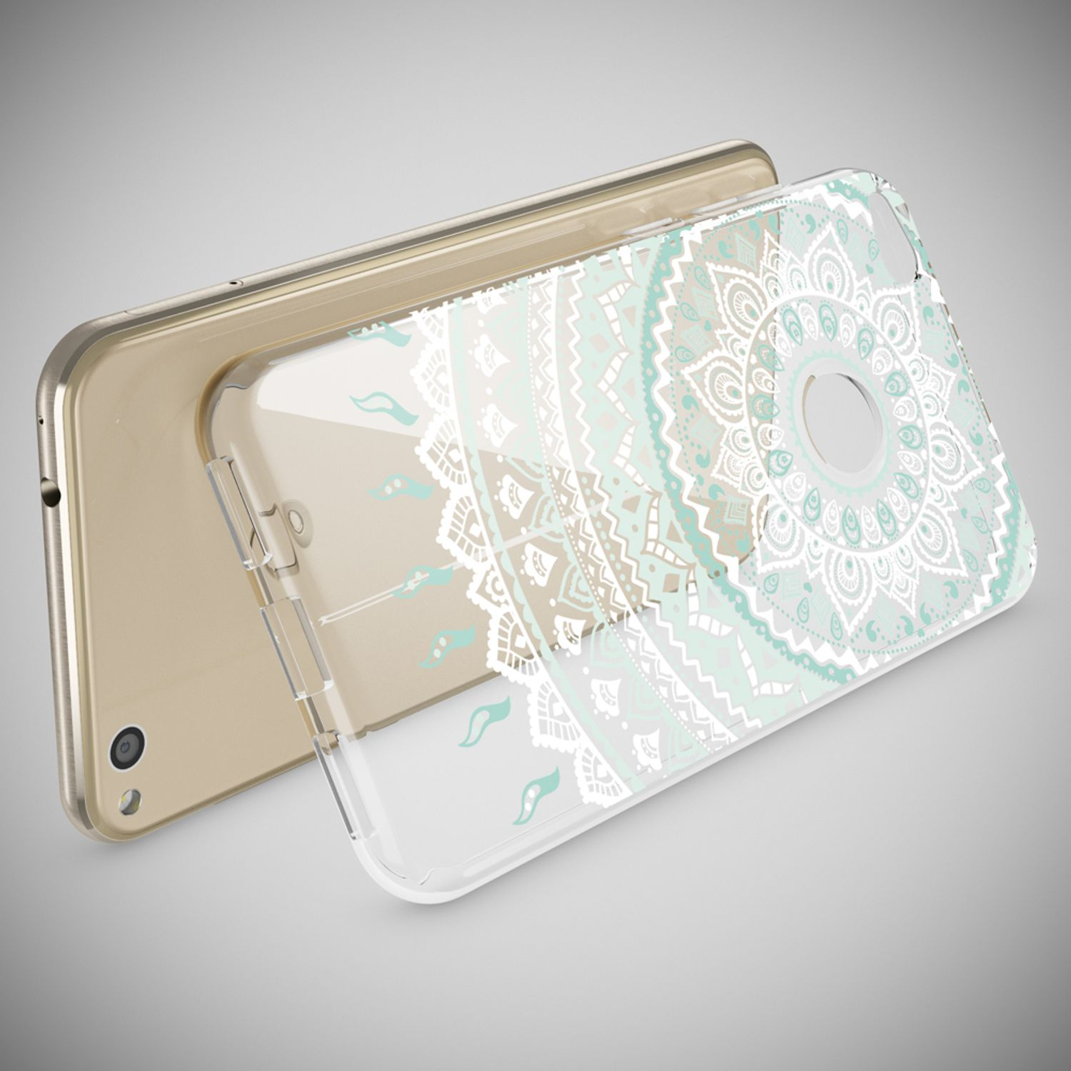 Eine transparente Handyhülle mit einem Mandala-Muster in Weiß und Mintgrün.