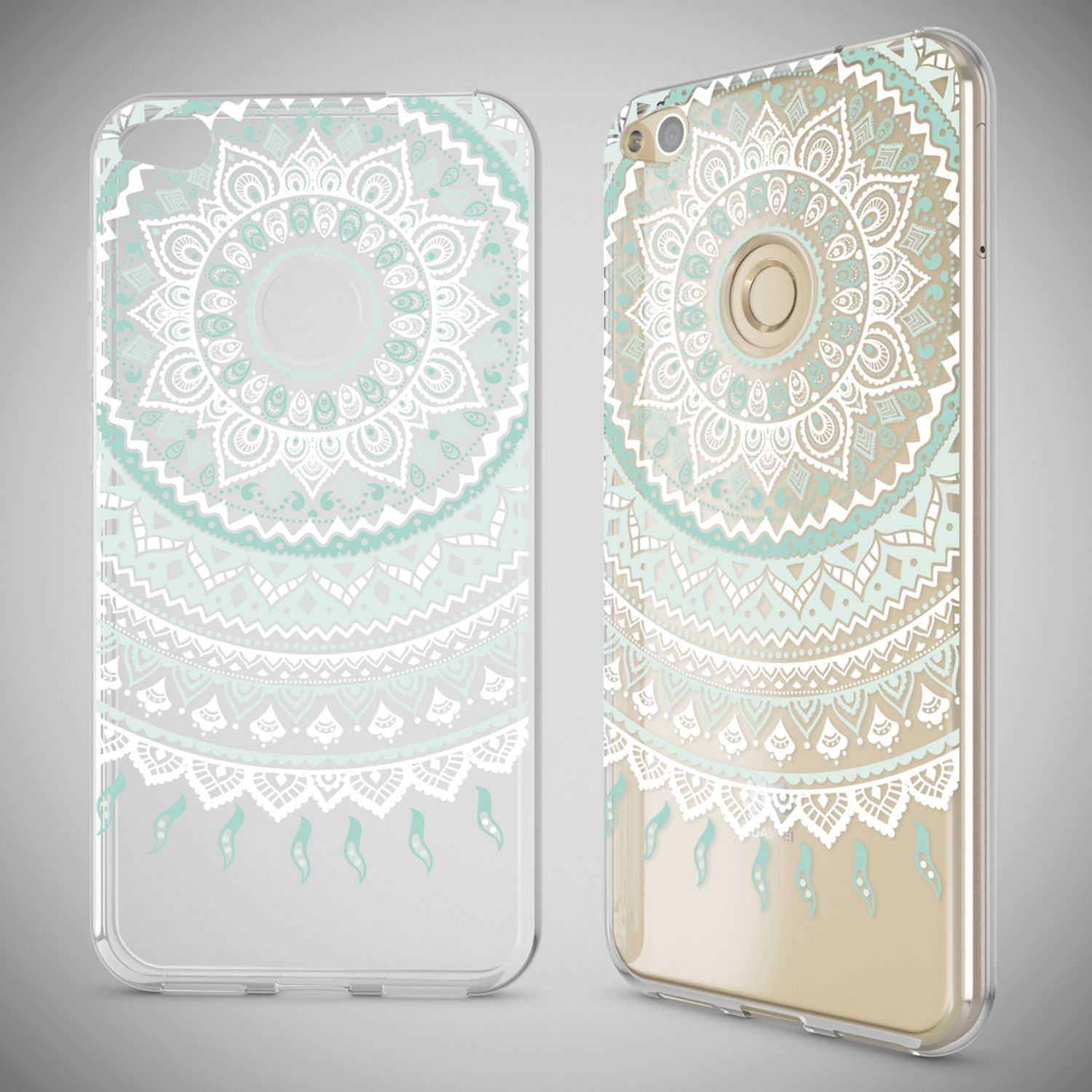 Zwei durchsichtige Handyhüllen mit Mandala-Muster in Mint und Weiß.