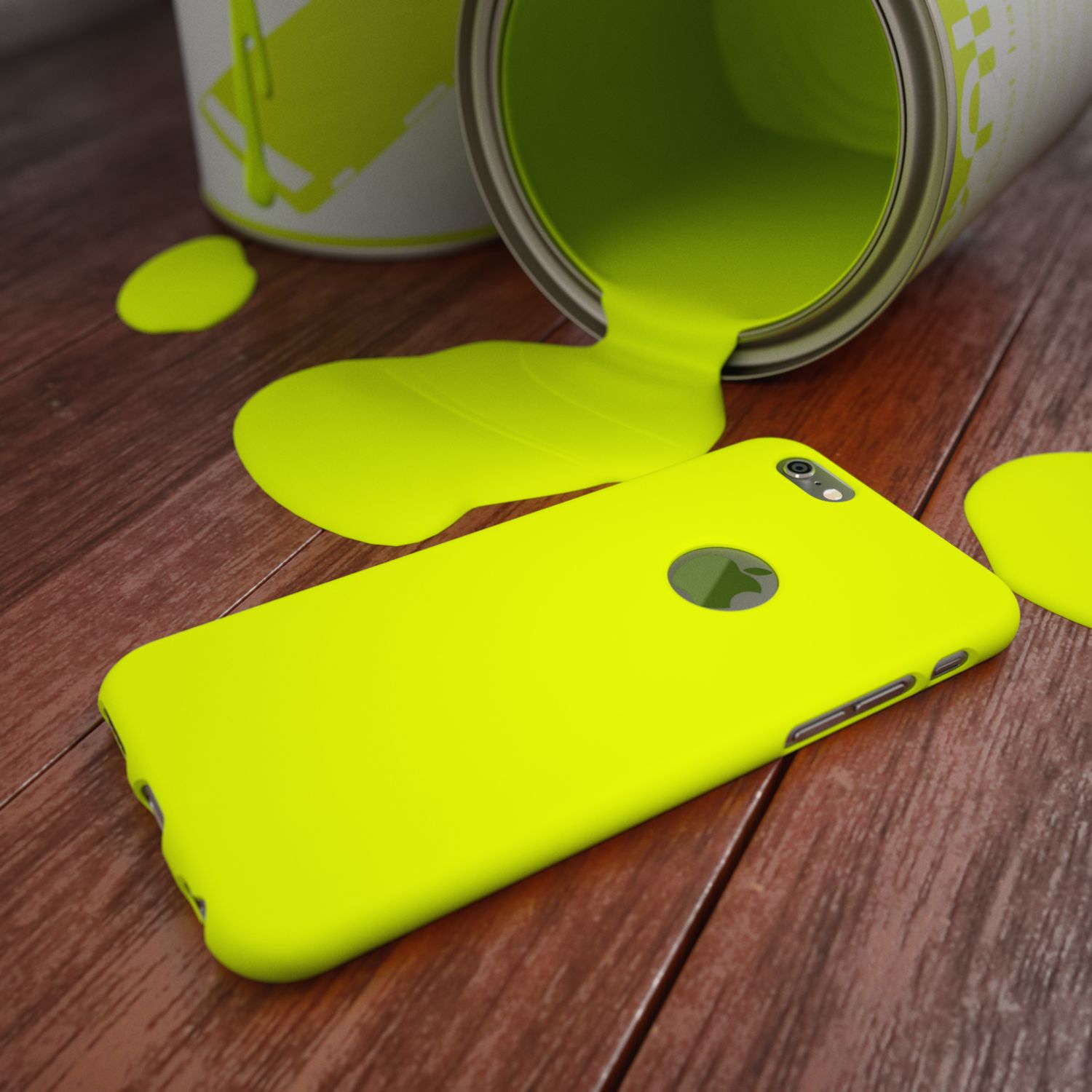Eine Dose gelber Farbe ist umgekippt und fließt auf einen Holztisch neben ein gelbes Smartphone.
