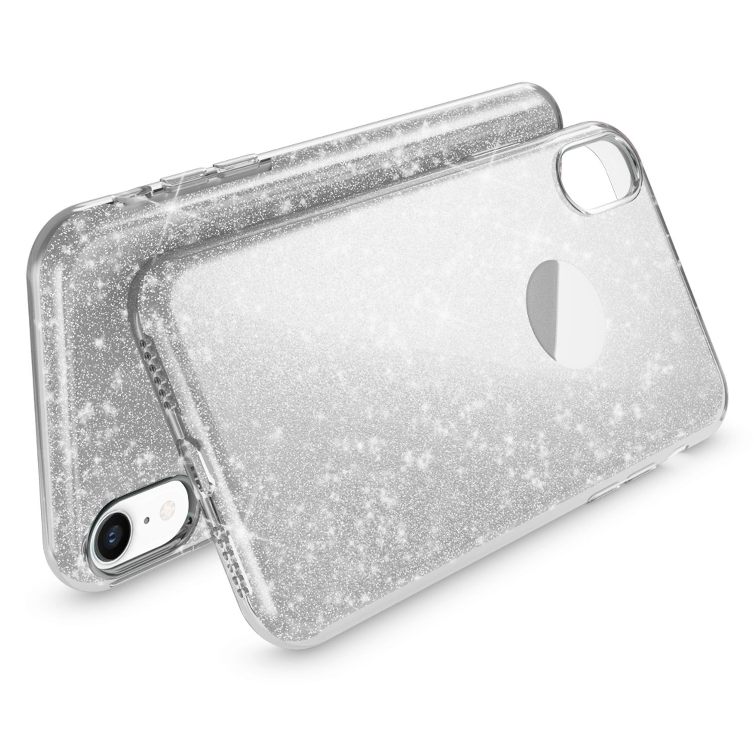 Due custodie trasparenti glitterate, argentate, su sfondo bianco.