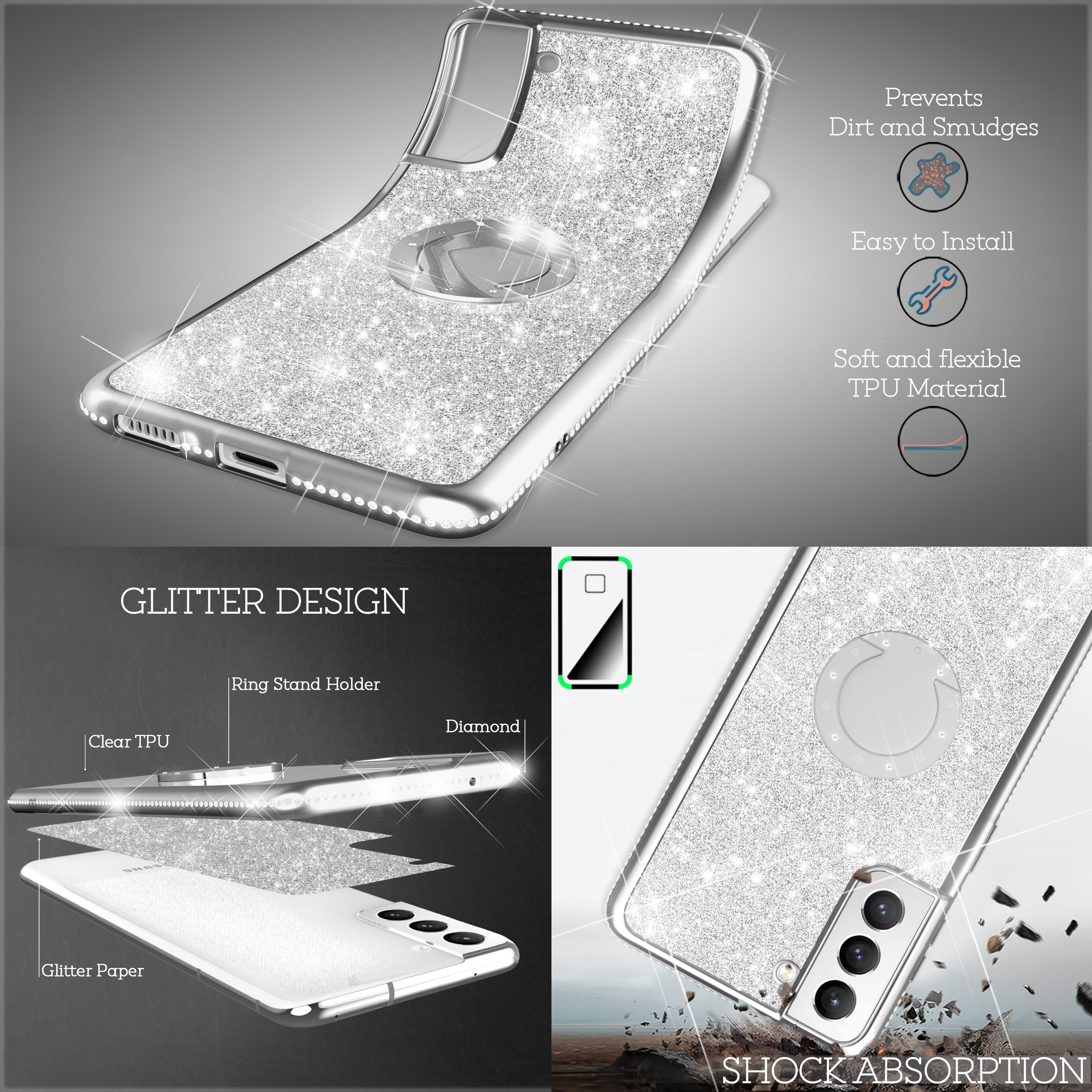 Glitzernde Handyhülle mit Ringhalter und Stoßabsorption.