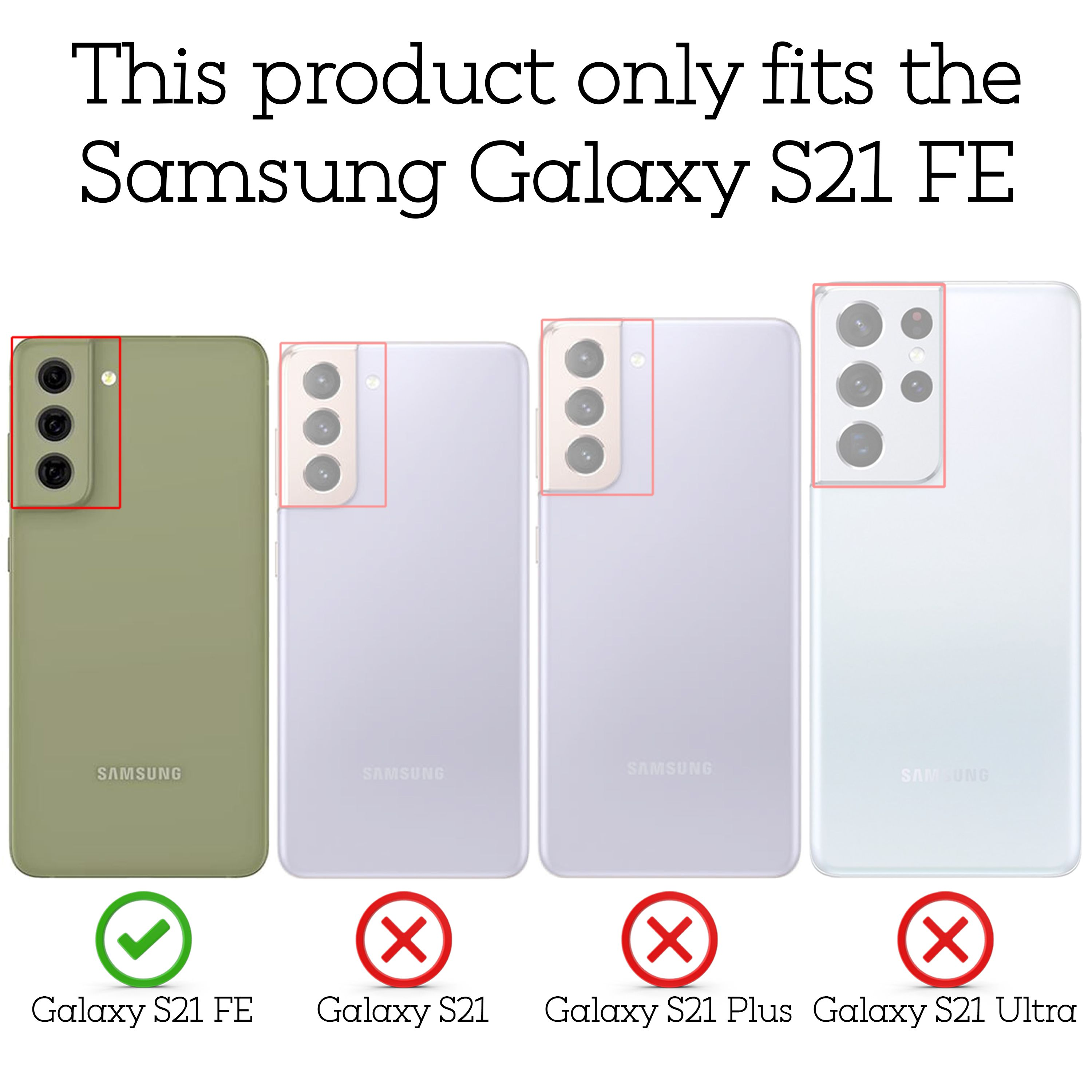 Vier Samsung Handys: S21 FE (grün) mit Häkchen, S21, S21 Plus, S21 Ultra (lila/weiß) mit Kreuzen.