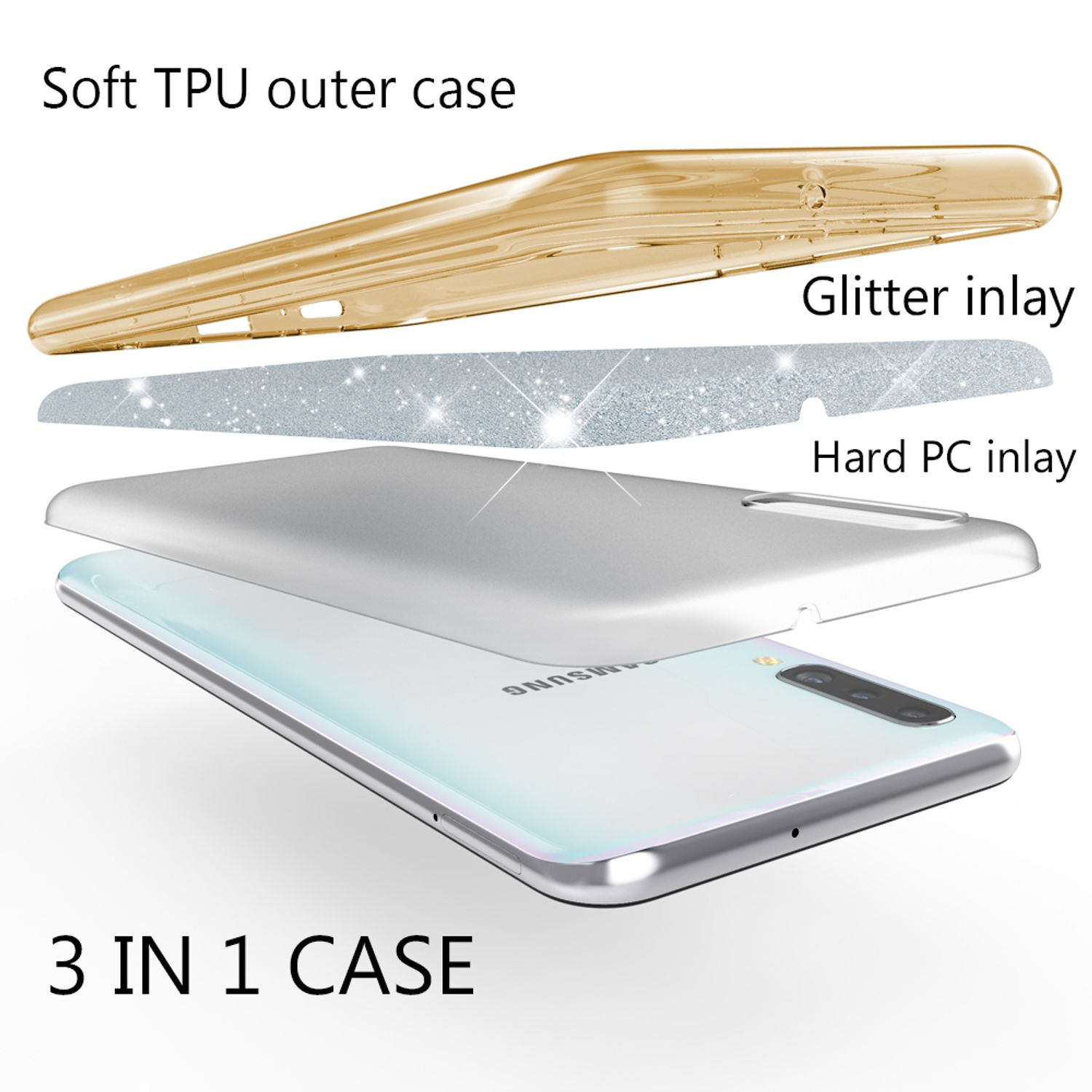 Vista esplosa di una custodia per telefono 3 in 1 con esterno in TPU dorato, glitter e inserto in PC rigido.