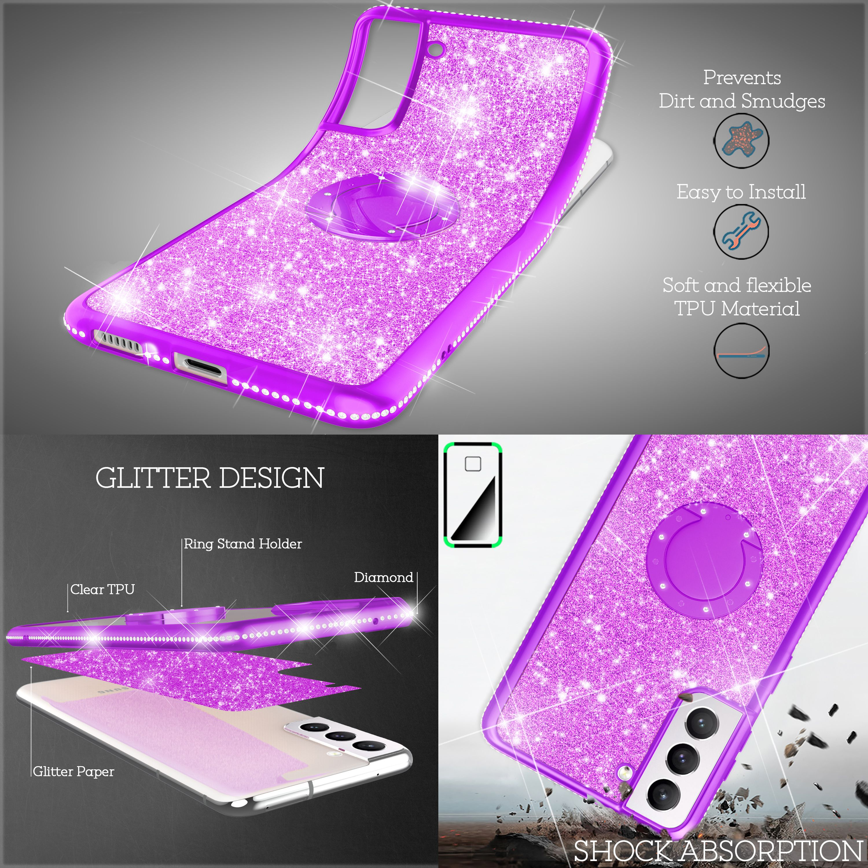 Lila Glitzer-Handyhülle mit Ringhalter, TPU-Material, stoßdämpfend.
