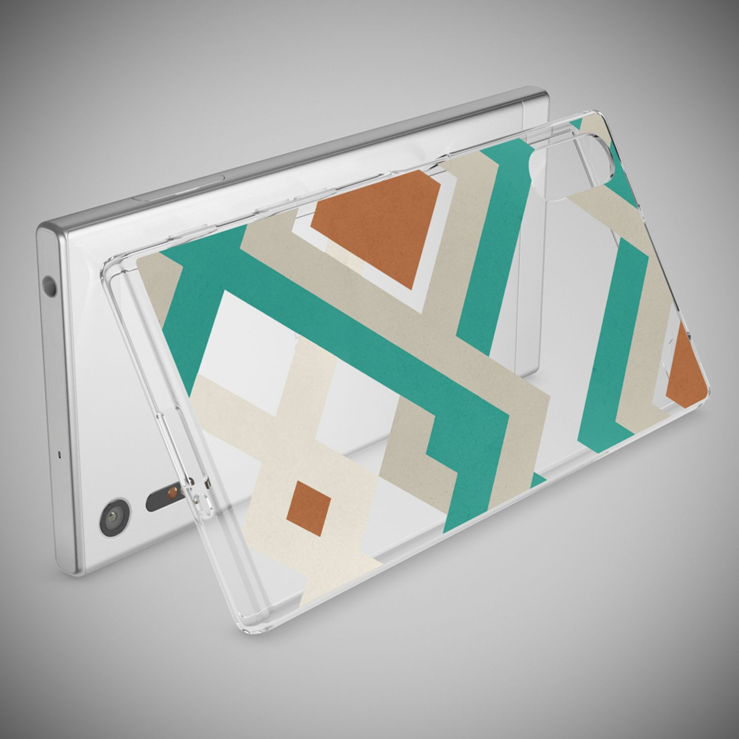 Ein Smartphone mit einer durchsichtigen Hülle mit geometrischem Muster in Türkis, Beige und Braun.