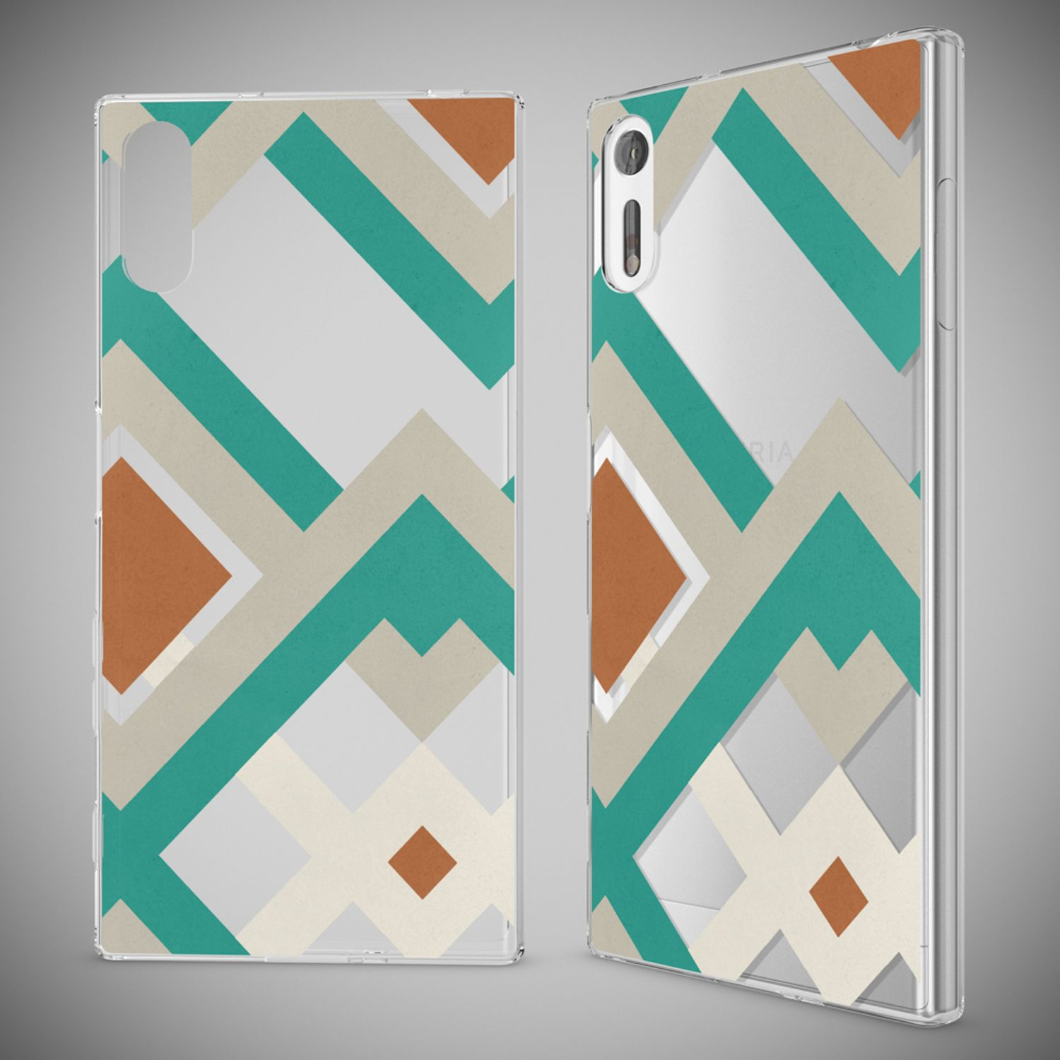Zwei transparente Handyhüllen mit geometrischem Muster in Türkis, Beige, Braun und Grau.