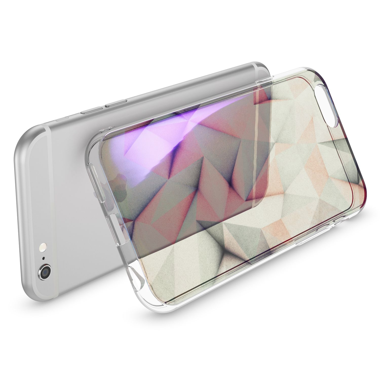 Ein silbernes Smartphone mit einer transparenten Hülle mit geometrischem Muster.