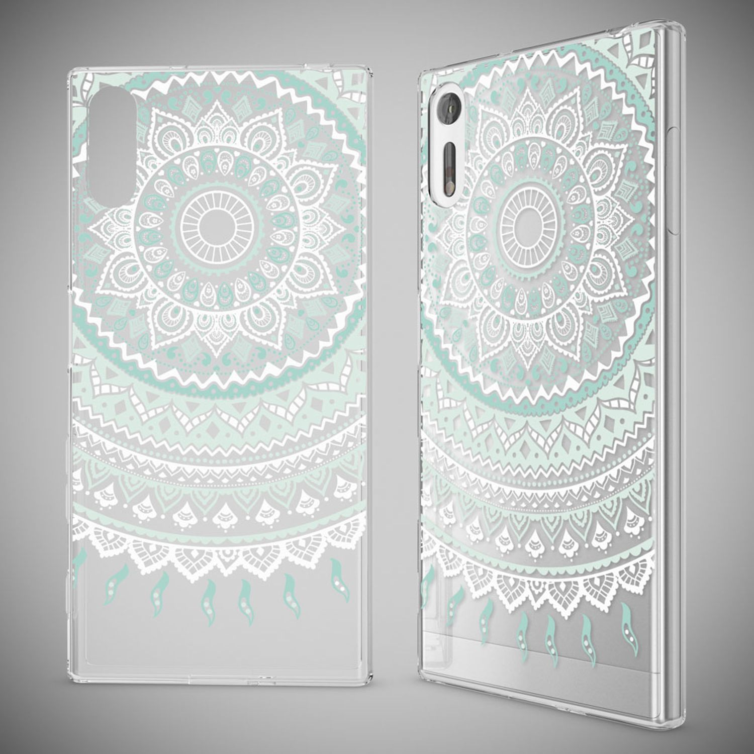 Transparente Handyhülle mit mintgrünem Mandala-Design und tropfenförmigen Anhängern.
