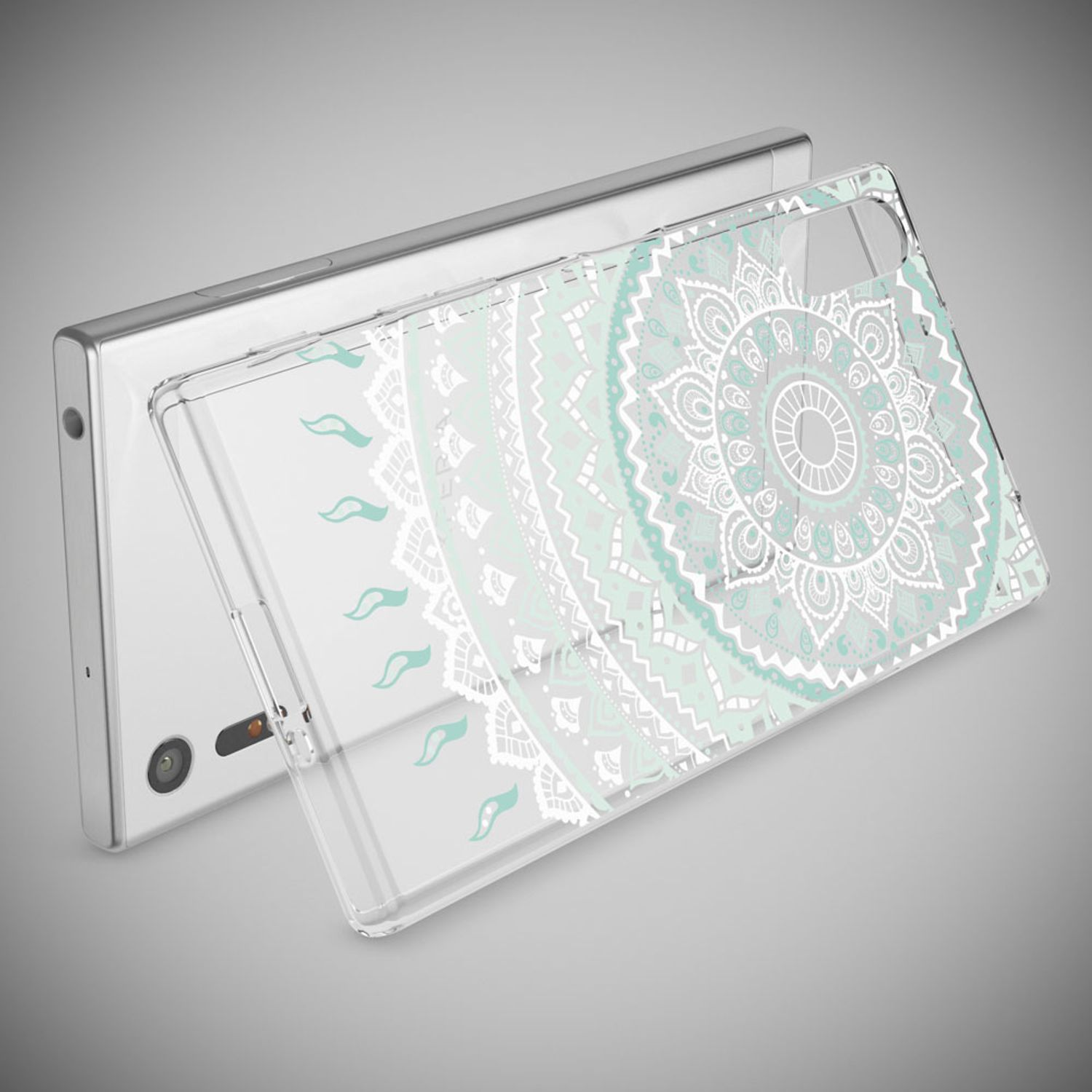 Ein durchsichtiges Handyhülle mit Mandala-Muster in Mintgrün und Weiß.