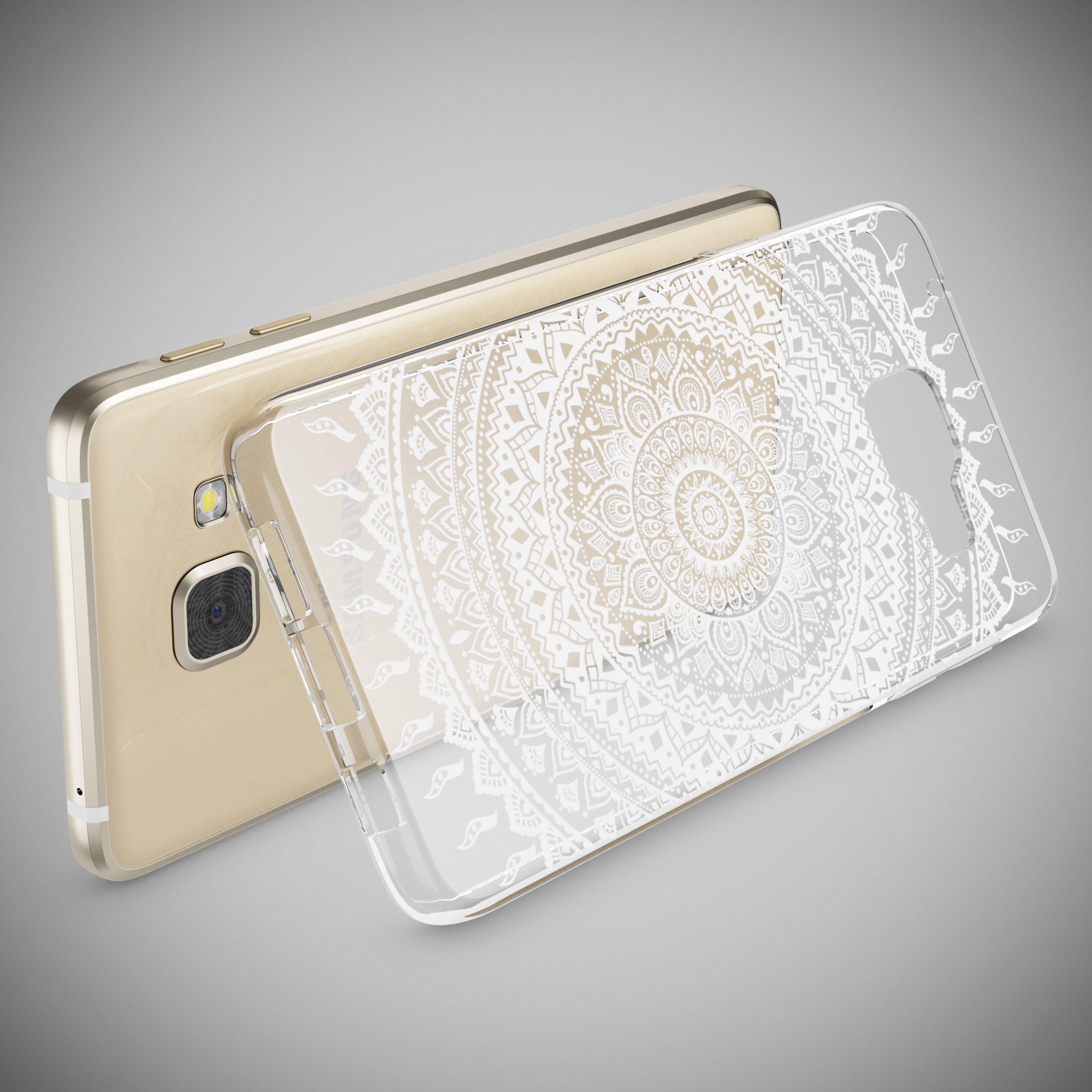 Ein goldener Handy-Rücken mit einer transparenten Hülle mit weißem Mandala-Muster.