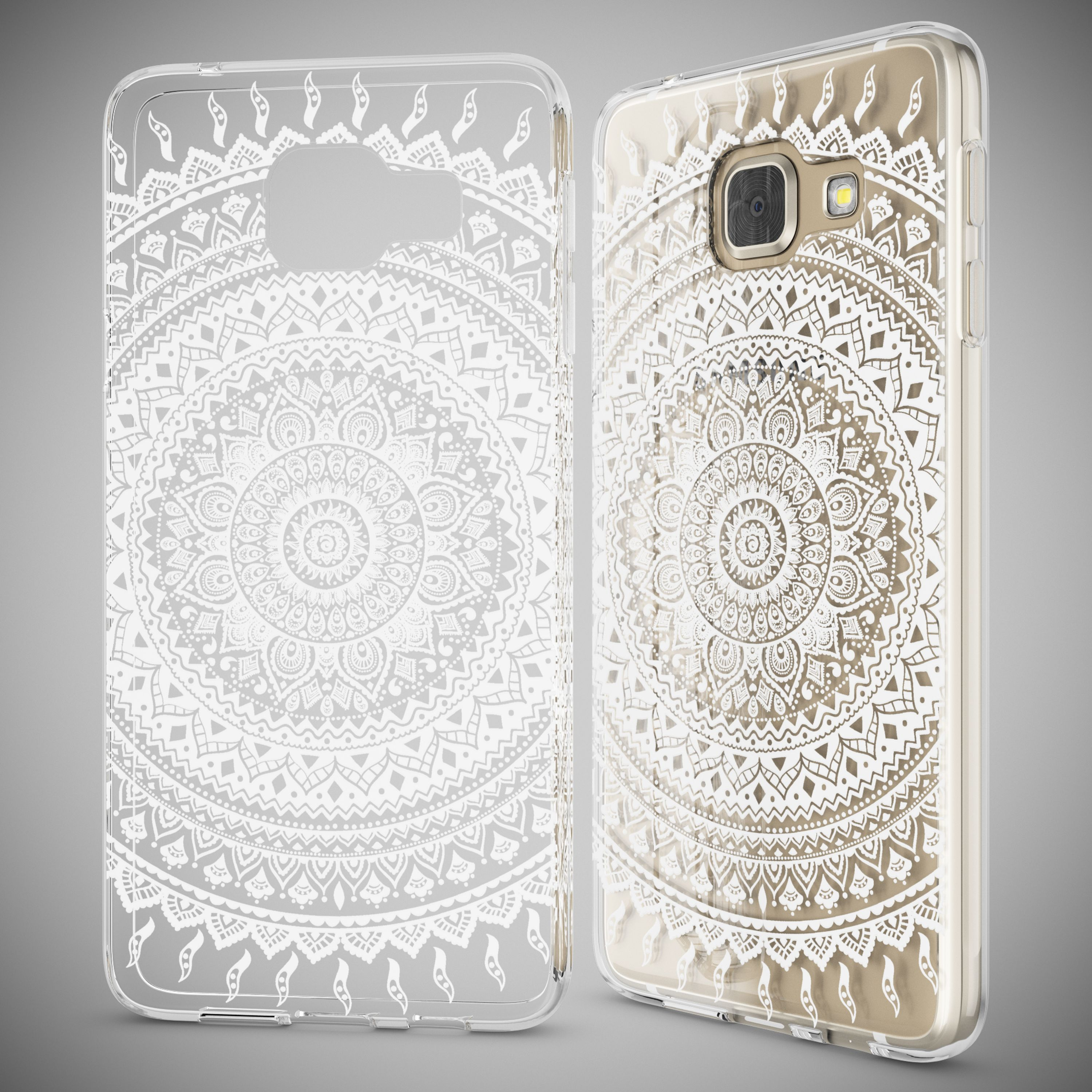 Zwei transparente Handyhüllen mit weißem Mandala-Muster auf grauem Hintergrund.