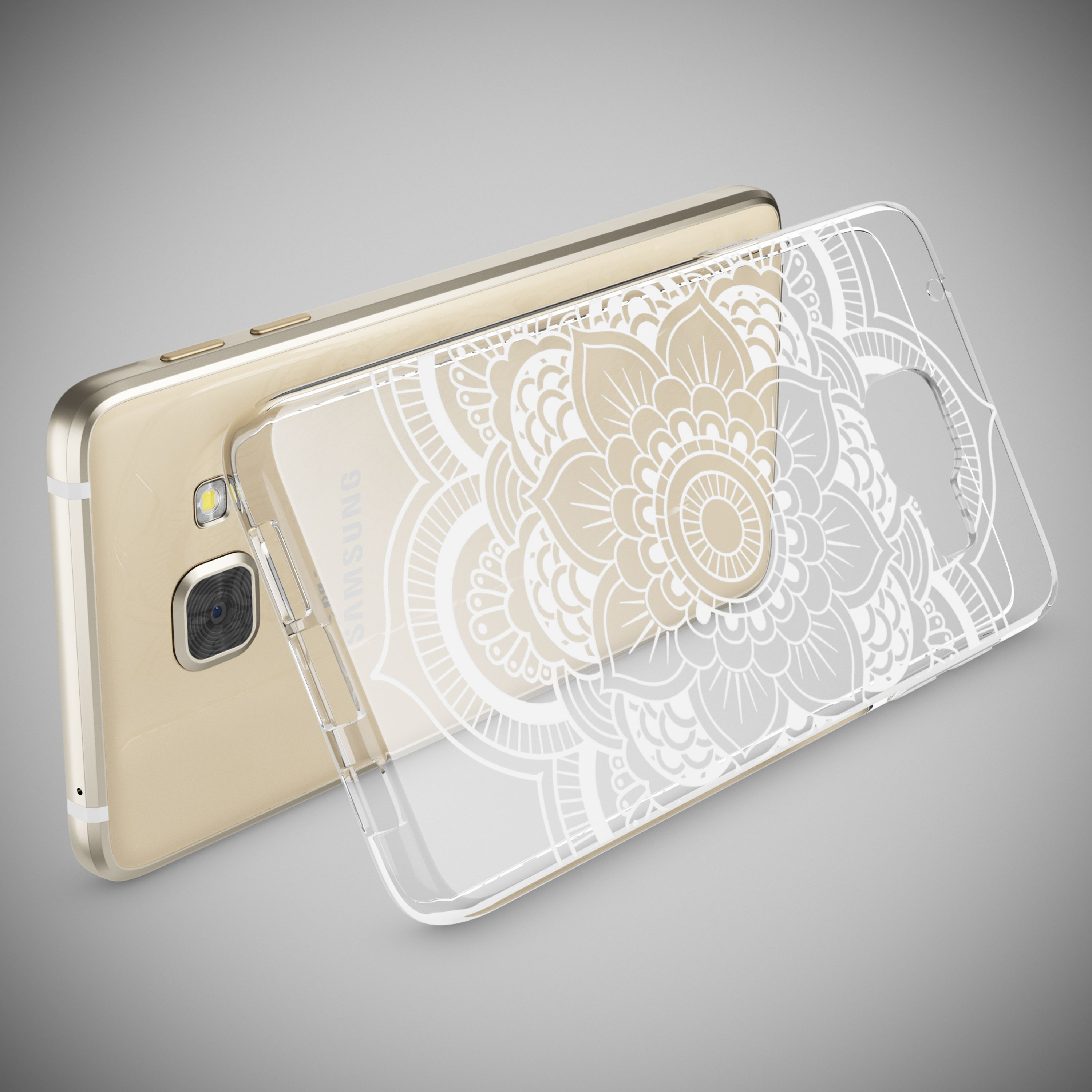 Ein goldener Samsung Handy mit einer durchsichtigen Hülle mit weißem Mandala-Muster.
