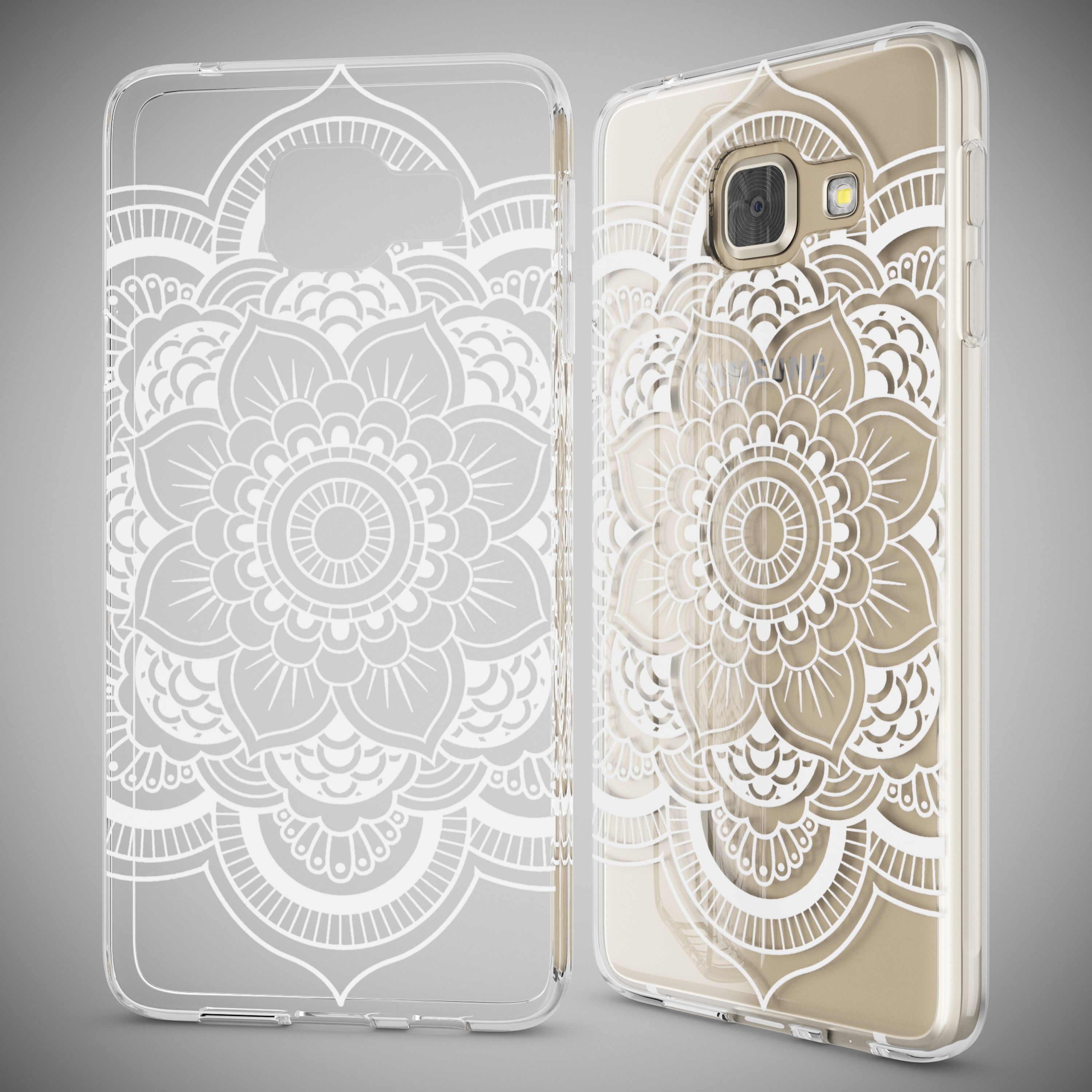 Zwei durchsichtige Handyhüllen mit weißem Mandala-Design auf grauem Hintergrund.