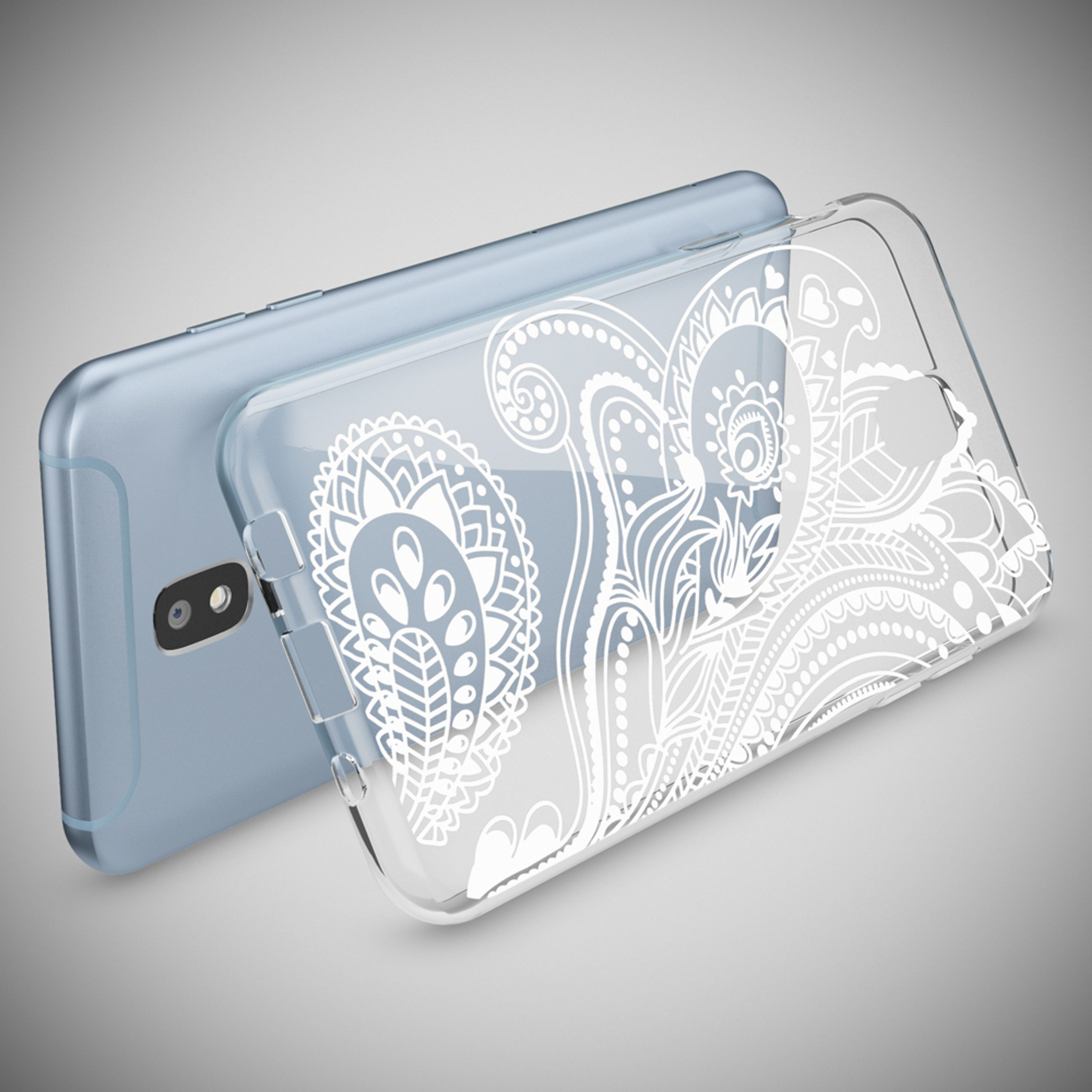 Ein hellblaues Smartphone mit einer durchsichtigen Hülle mit weißem Muster.