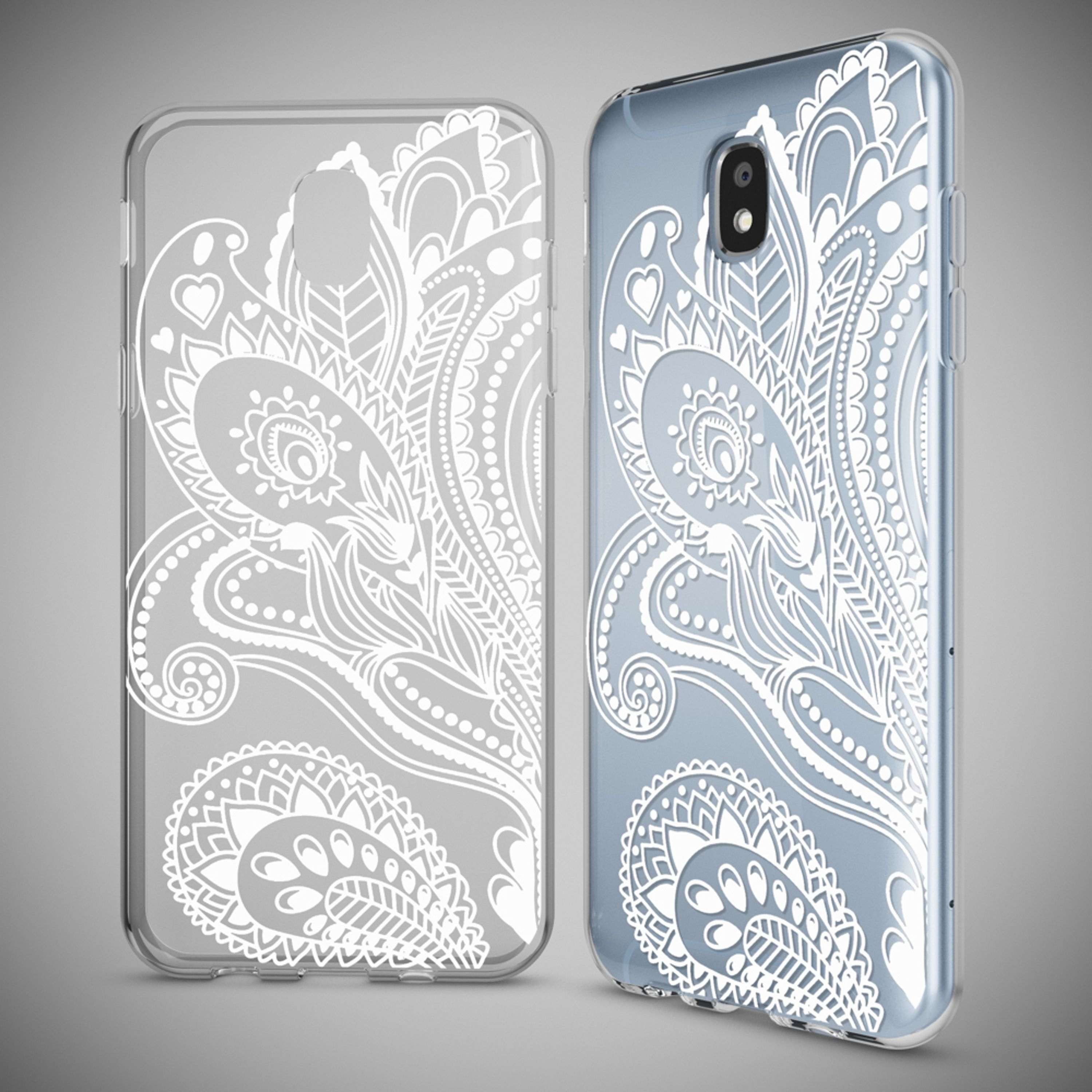 Zwei durchsichtige Handyhüllen mit weißem Paisleymuster auf grauem Hintergrund.