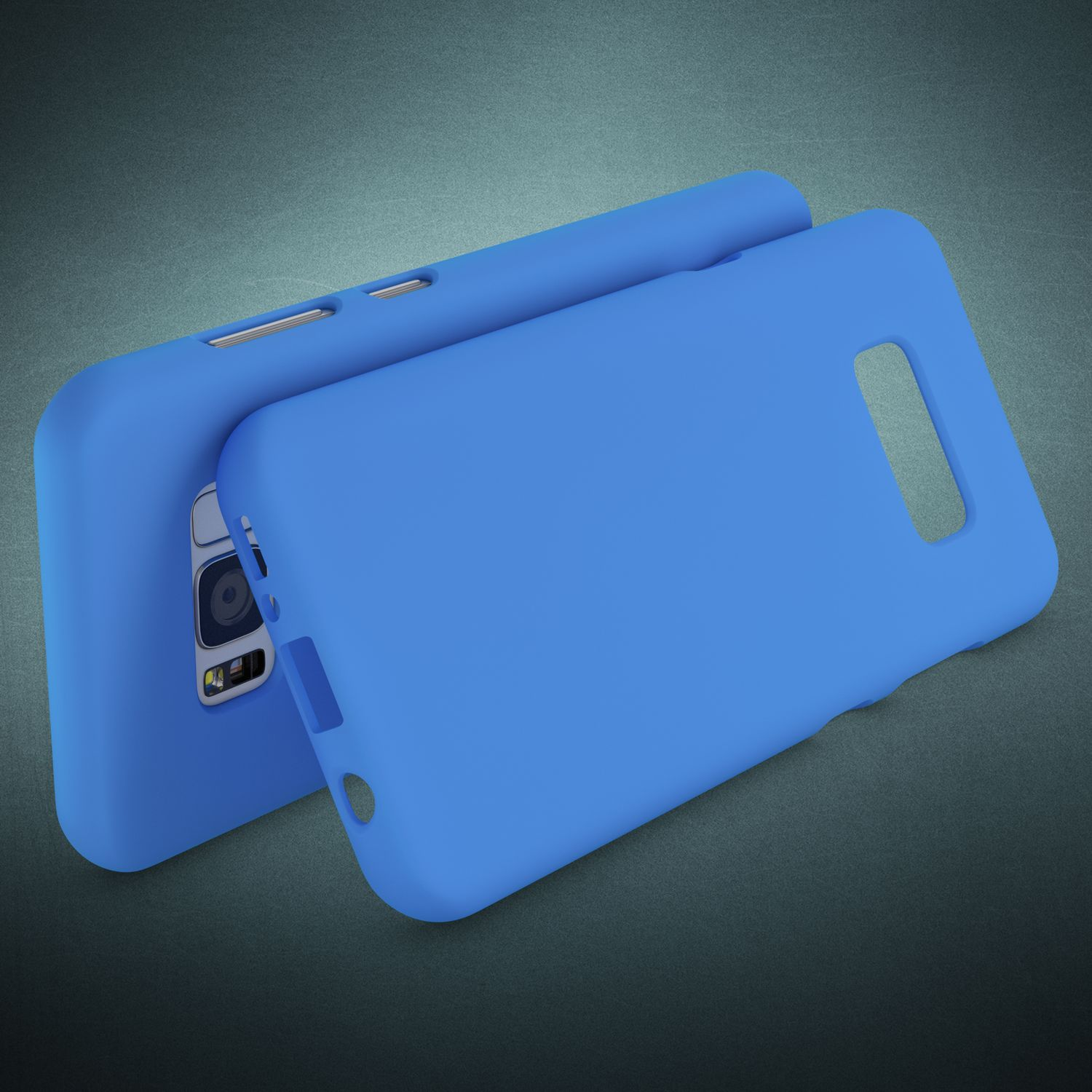 Zwei blaue Handyhüllen liegen nebeneinander auf einem dunklen Hintergrund.