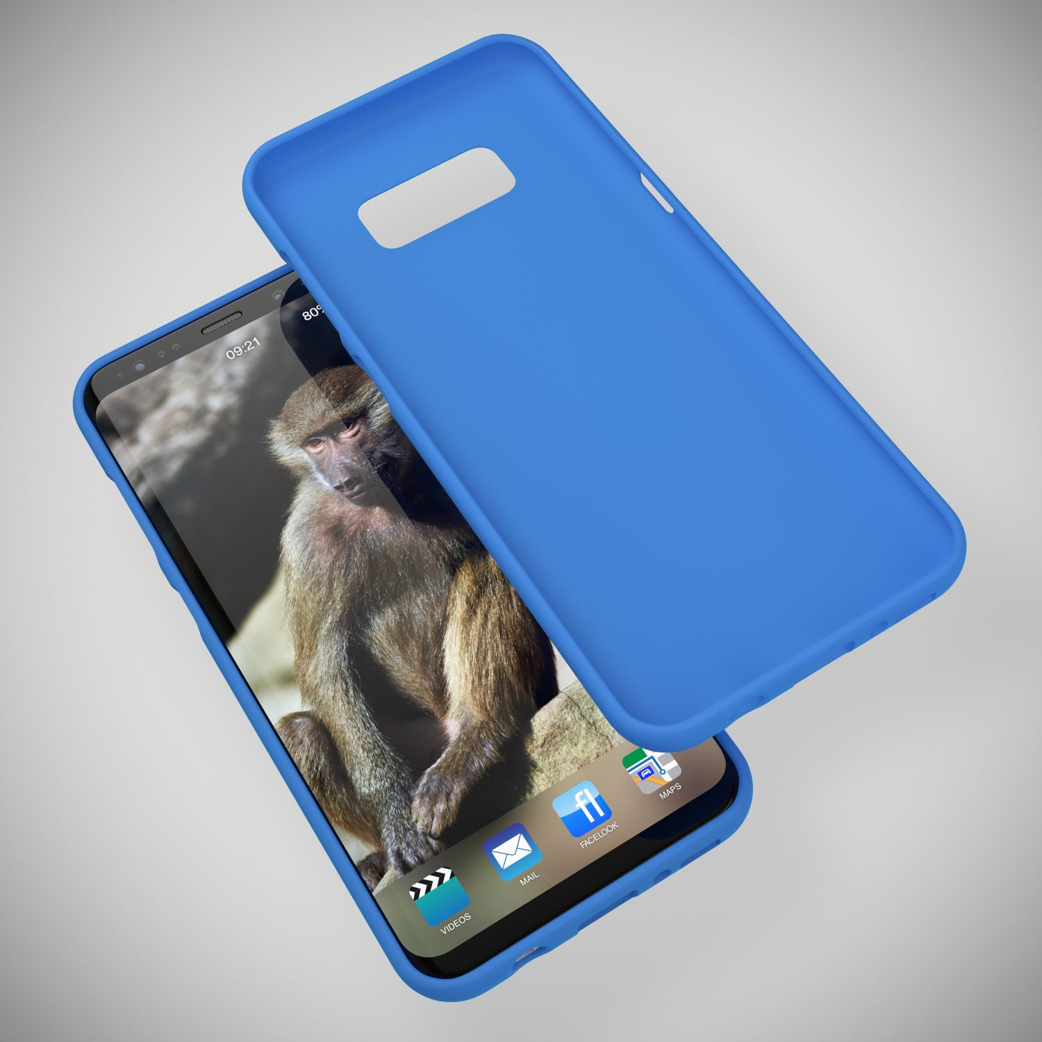 Ein Smartphone mit einem Affenbildschirm und einer blauen Hülle daneben.