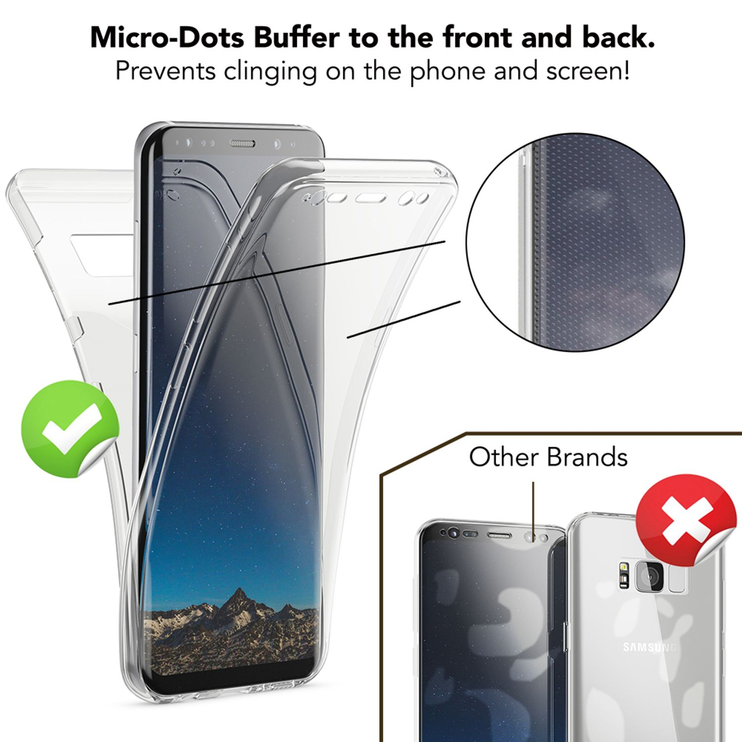 Transparente Hülle mit Mikro-Punkten für ein Smartphone. Zeigt Vergleich mit anderen Marken.