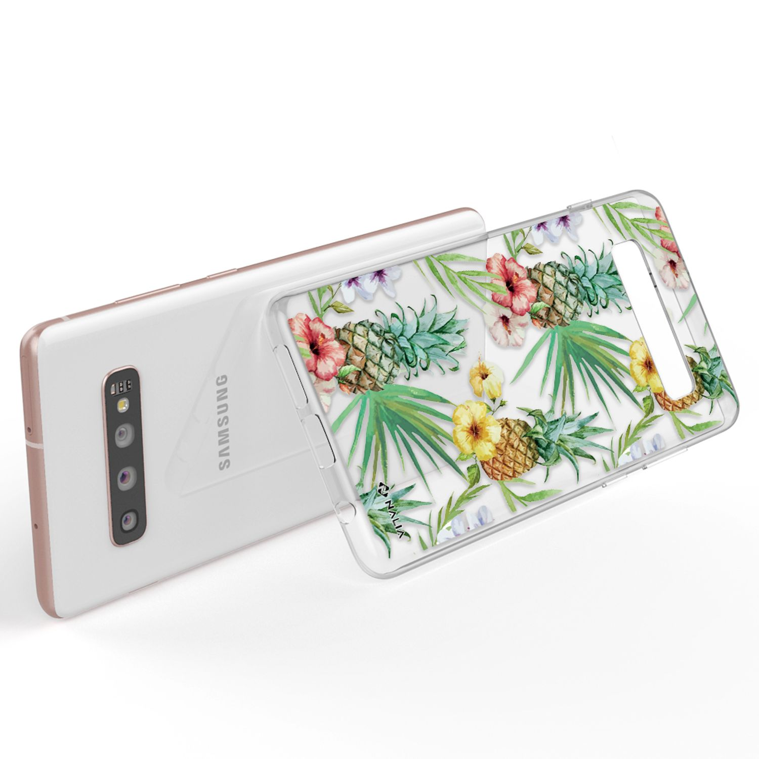Eine durchsichtige Handyhülle mit Ananas- und Hibiskusblütenmuster auf einem weißen Handy.