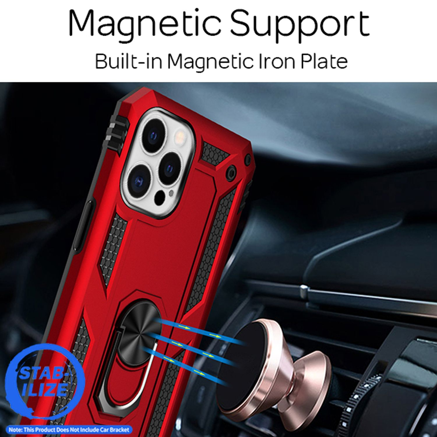 Rote Handyhülle mit Magnetfuß im Auto-Lüftungsschlitz.