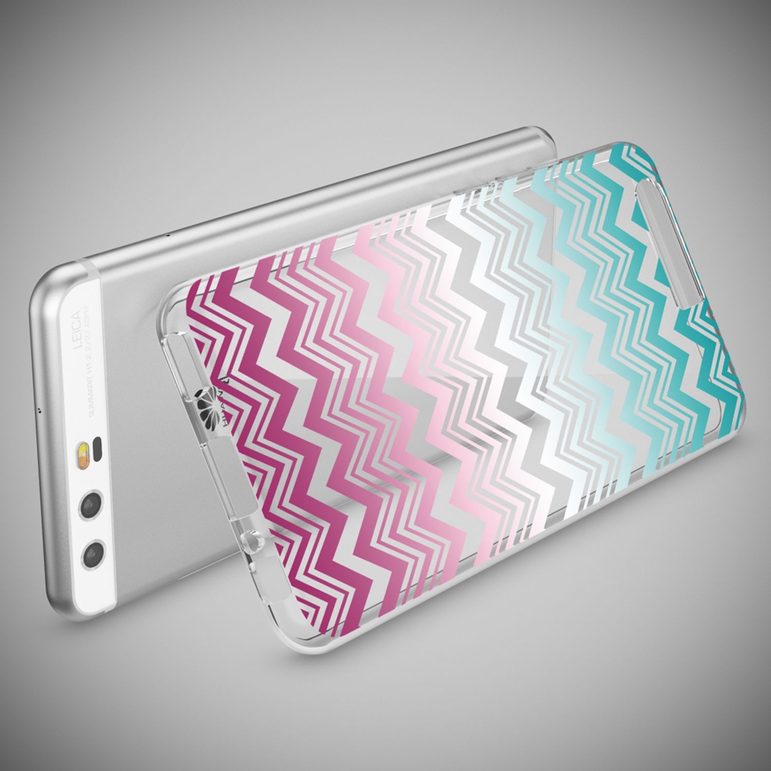 Uno smartphone argentato con custodia trasparente con motivi a zigzag rosa e blu.
