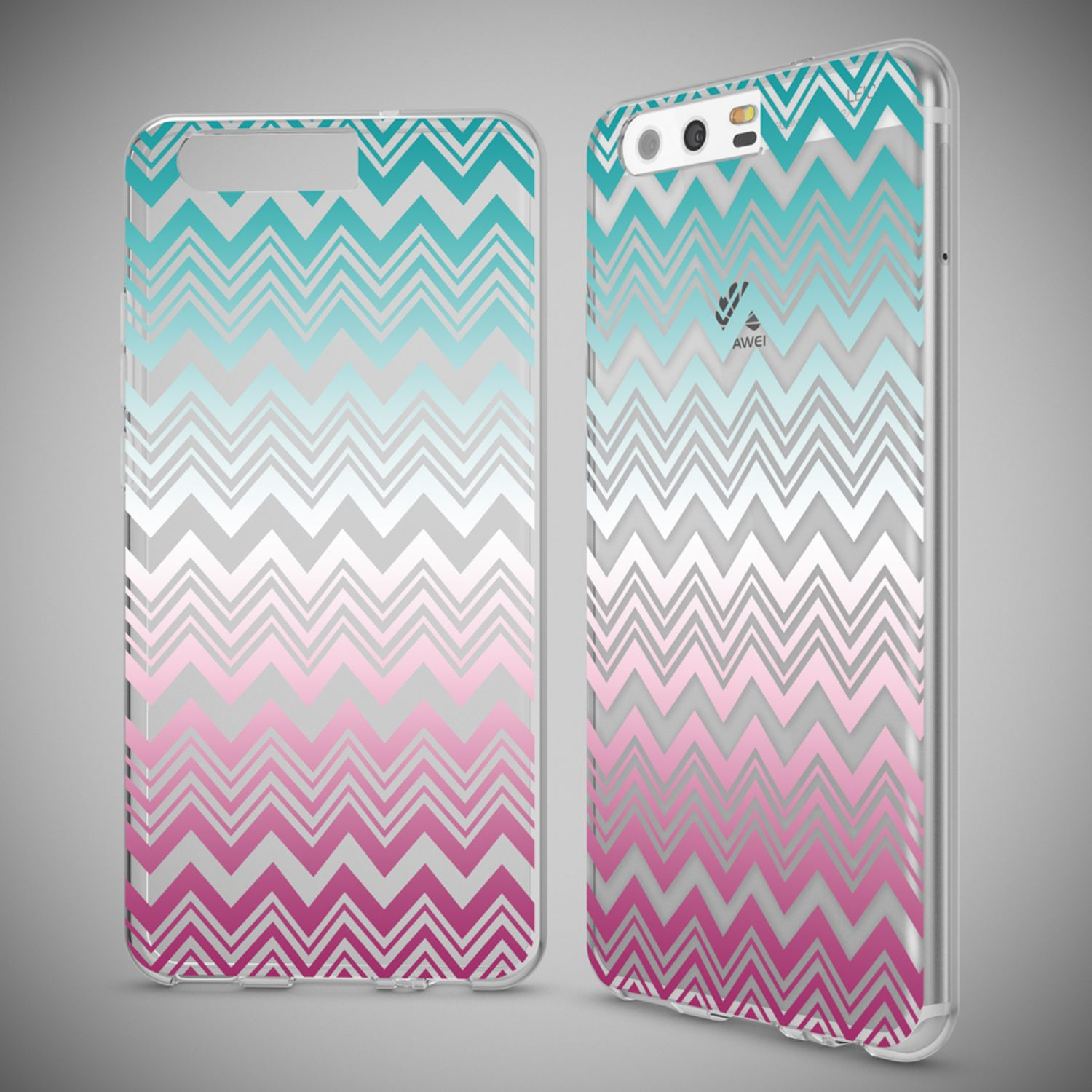 Due custodie trasparenti per telefono con motivi a zig-zag blu, grigi e rosa.