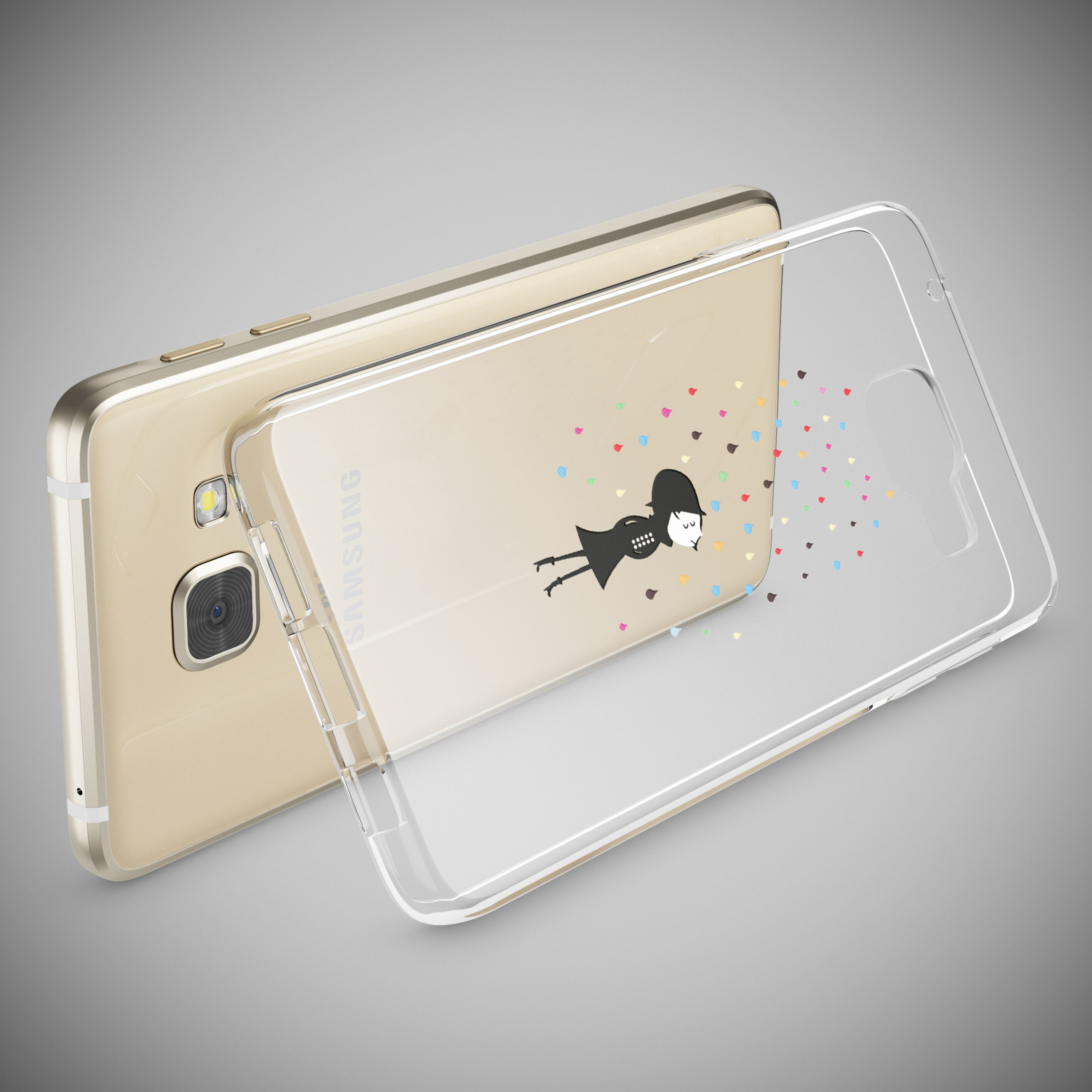 Ein goldener Samsung Handy mit einer transparenten Hülle, die eine Figur zeigt.