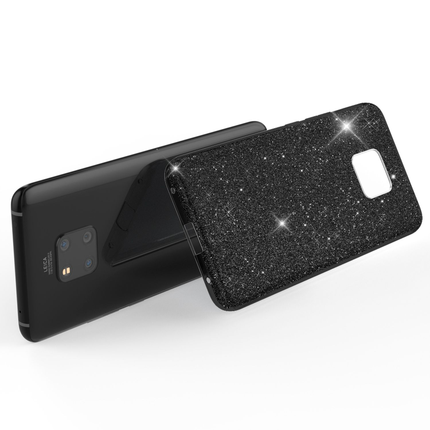 Schwarzes Smartphone mit Glitzerhülle, Leica-Kamera auf der Rückseite.
