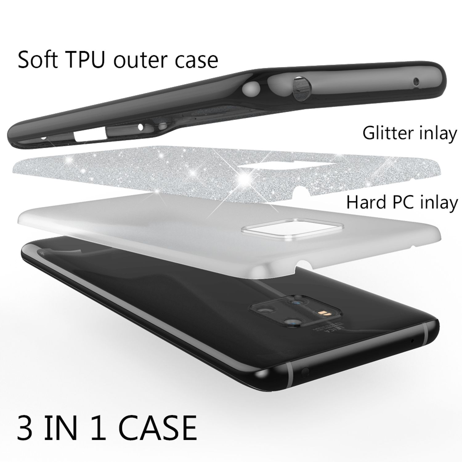 Explosionsansicht einer 3-in-1-Handyhülle: weiches TPU, Glitzer-Inlay, Hart-PC.