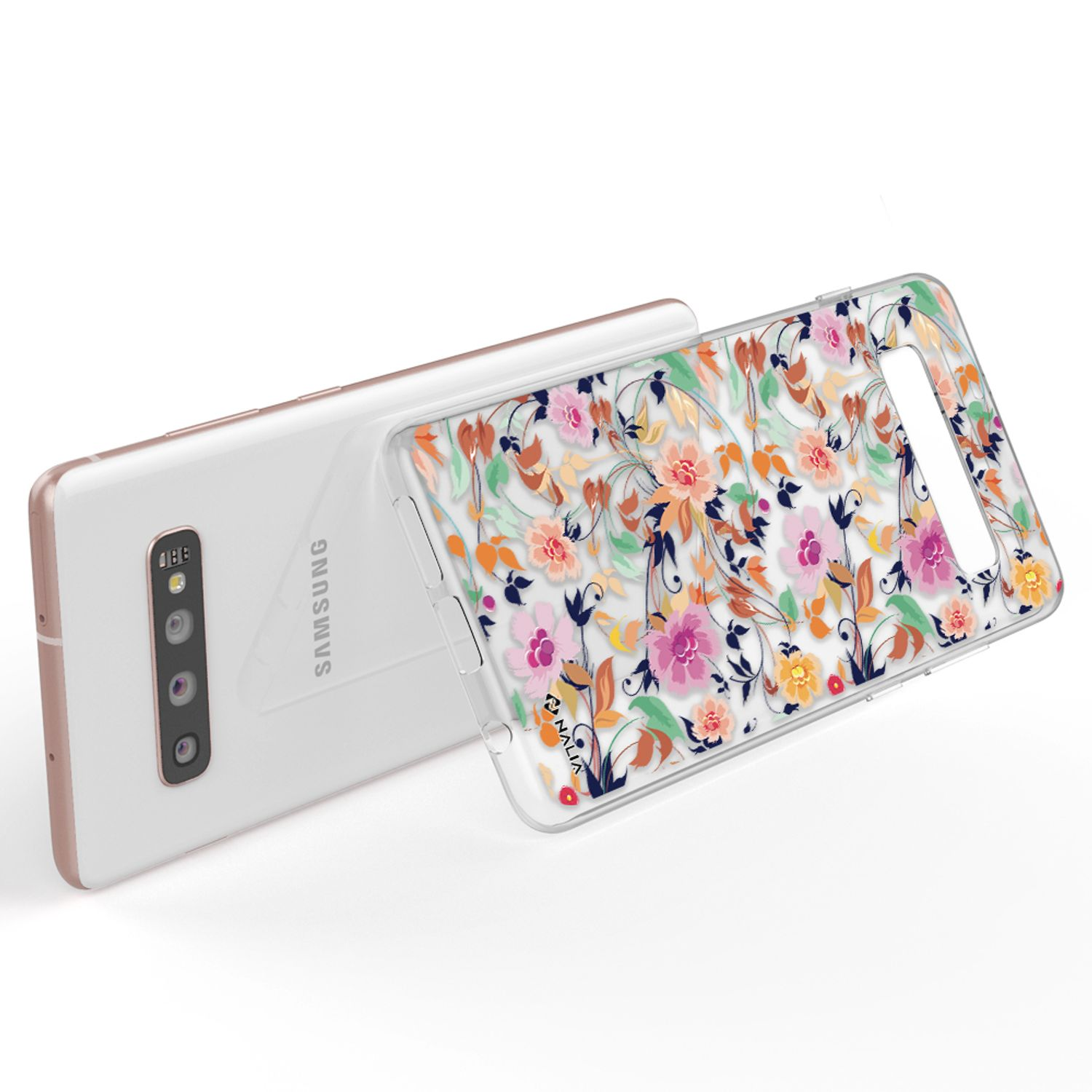 Ein weies Samsung-Handy mit einer durchsichtigen Hlle mit Blumenmuster.