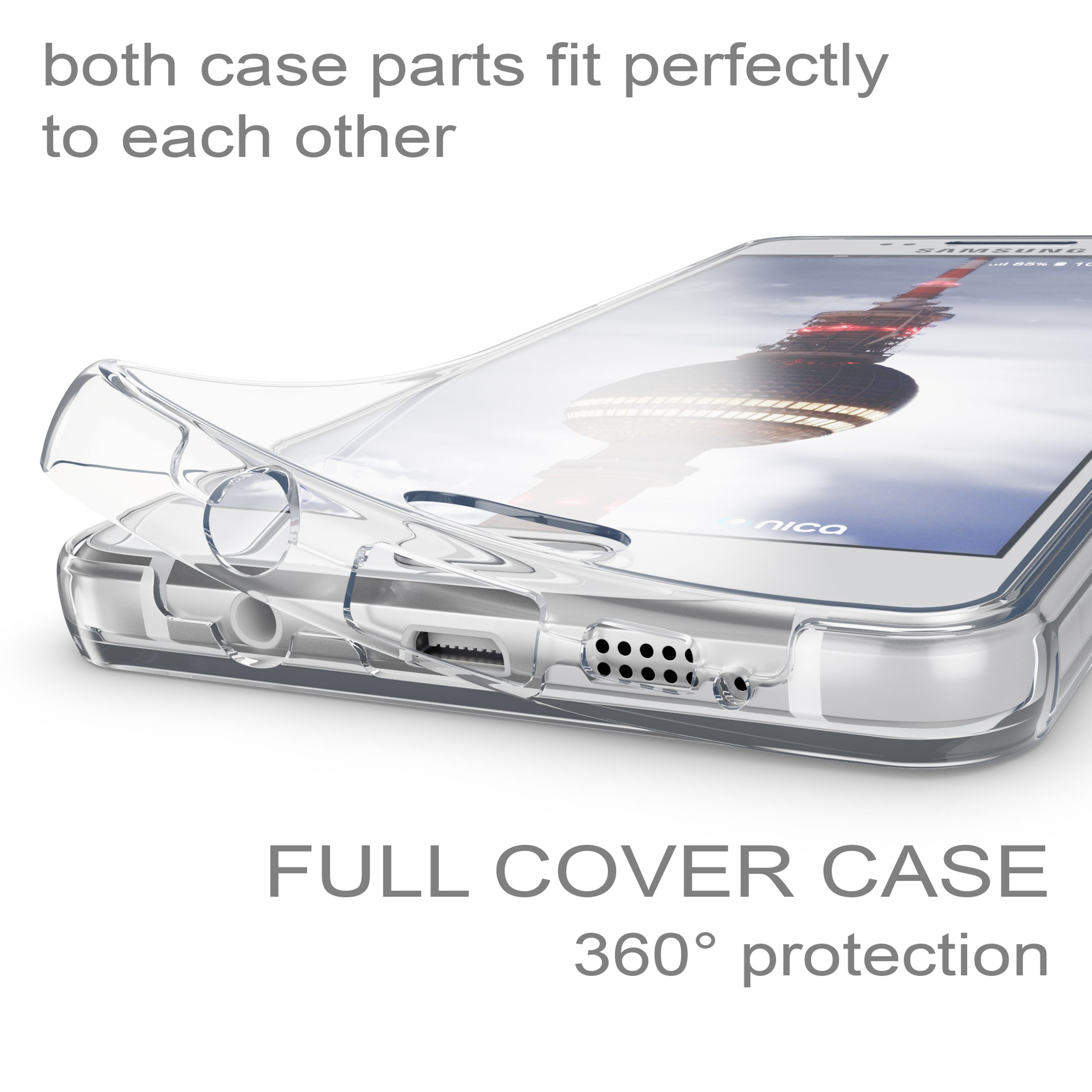 Transparente Handyhülle auf einem Smartphone, das einen Turm zeigt.