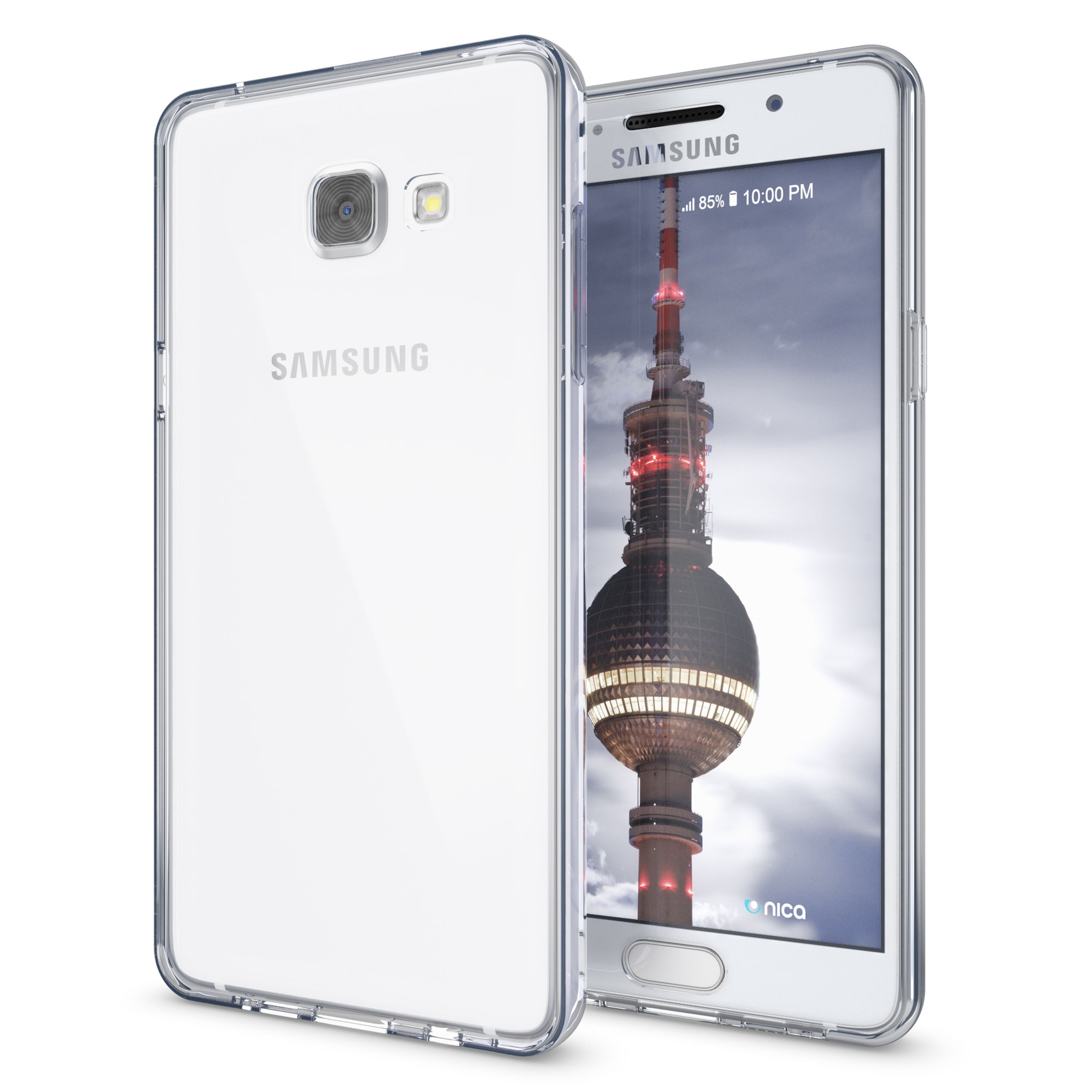 Ein Samsung-Smartphone in einer transparenten Hülle mit Fernsehturm-Hintergrundbild.