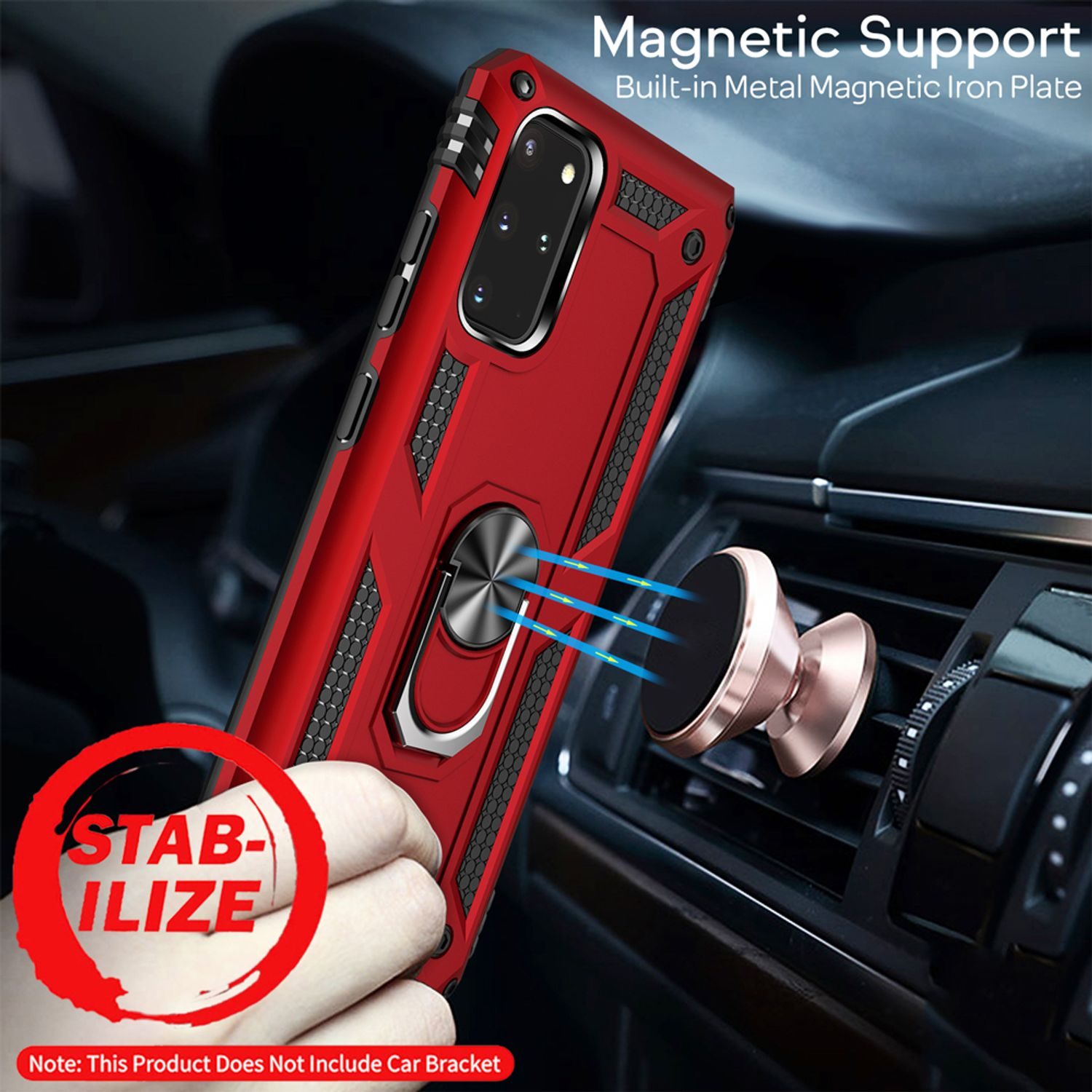 Rote Handyhülle mit Ringhalterung an Autolüftung, magnetische Halterung.