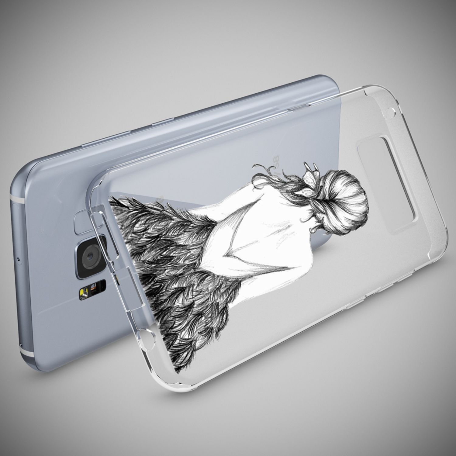 Transparente Handyhülle mit Skizze von Frauenrücken, geflochtenem Haar und Federrock.