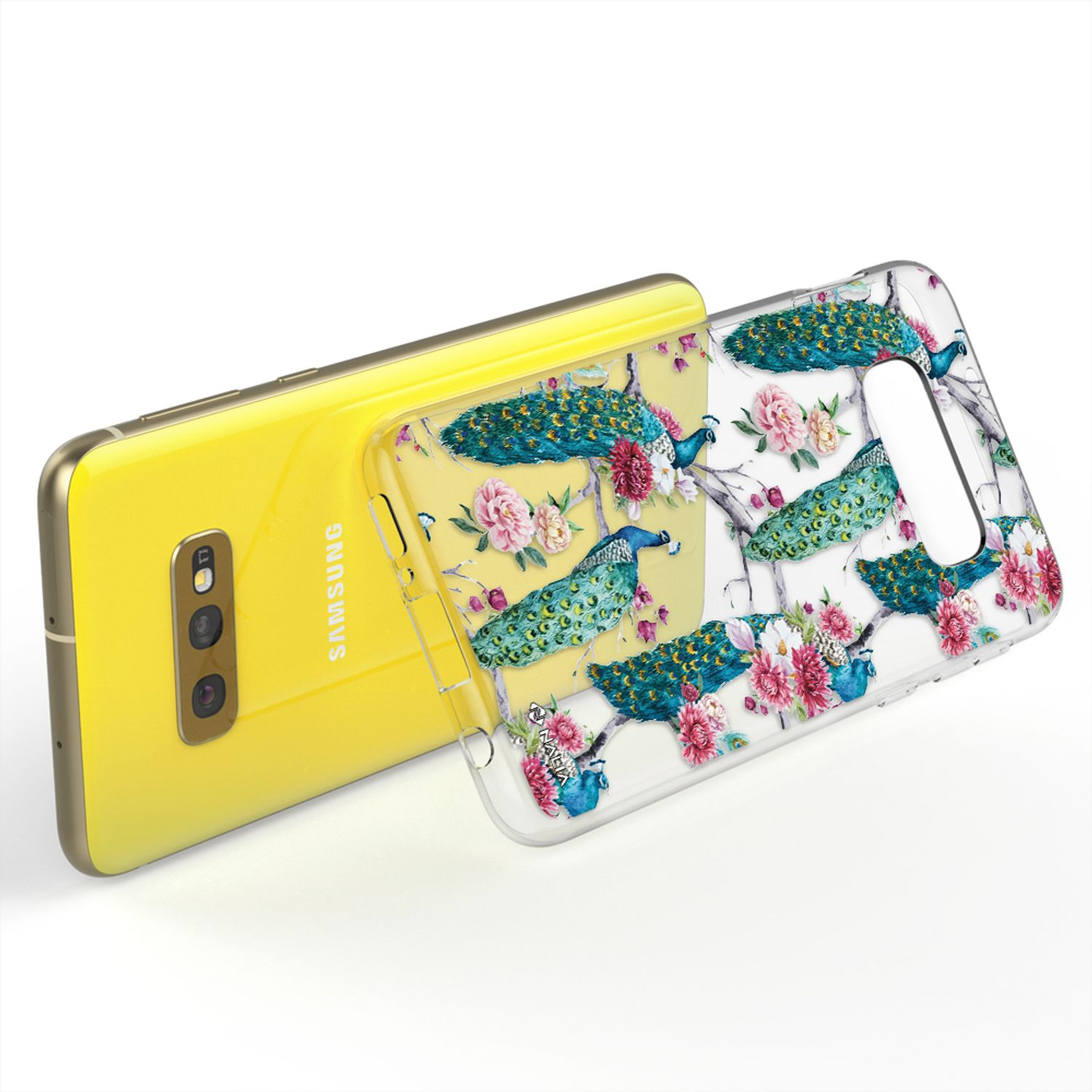 Ein gelbes Smartphone mit einer durchsichtigen Hülle mit Pfauen und Blumen.