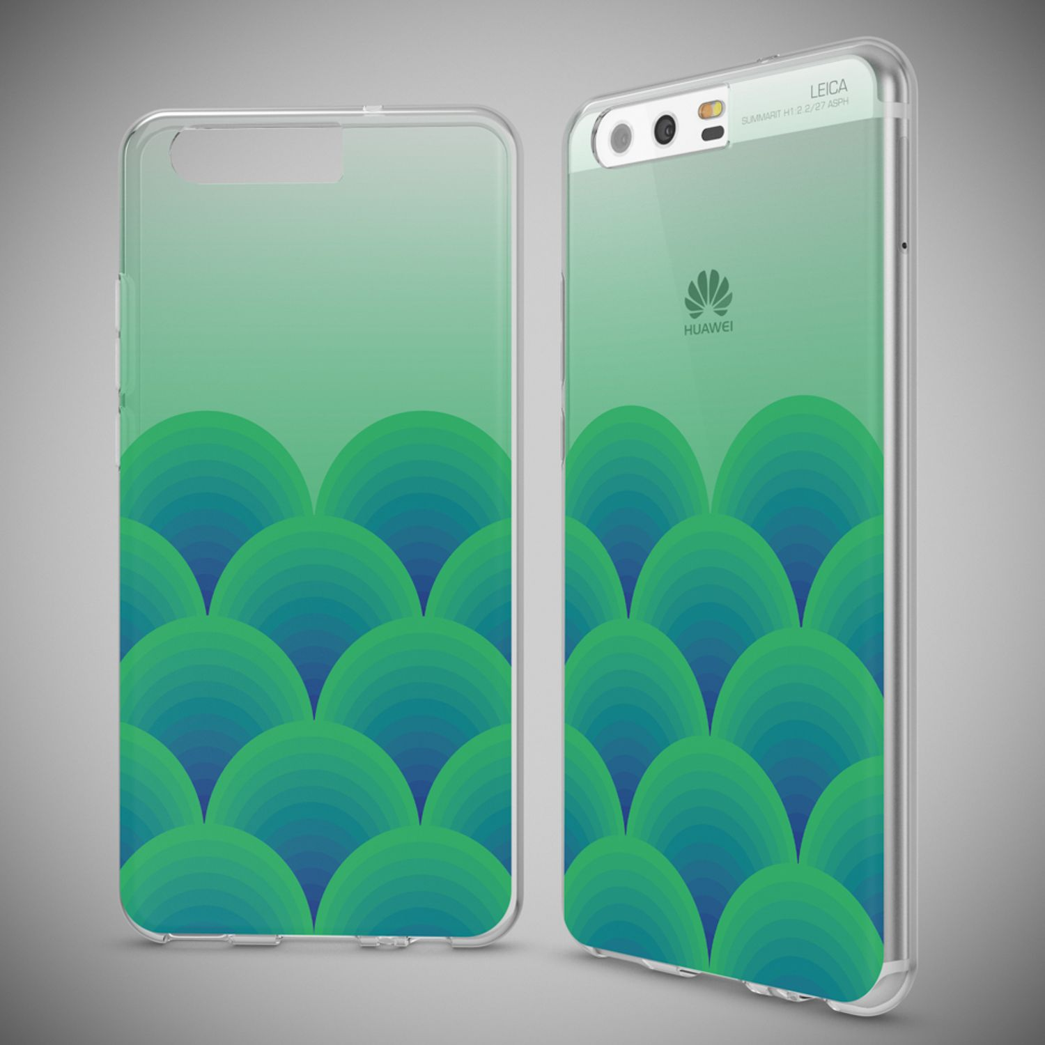 Due custodie trasparenti per telefono con motivo a onde verde-blu affiancate.