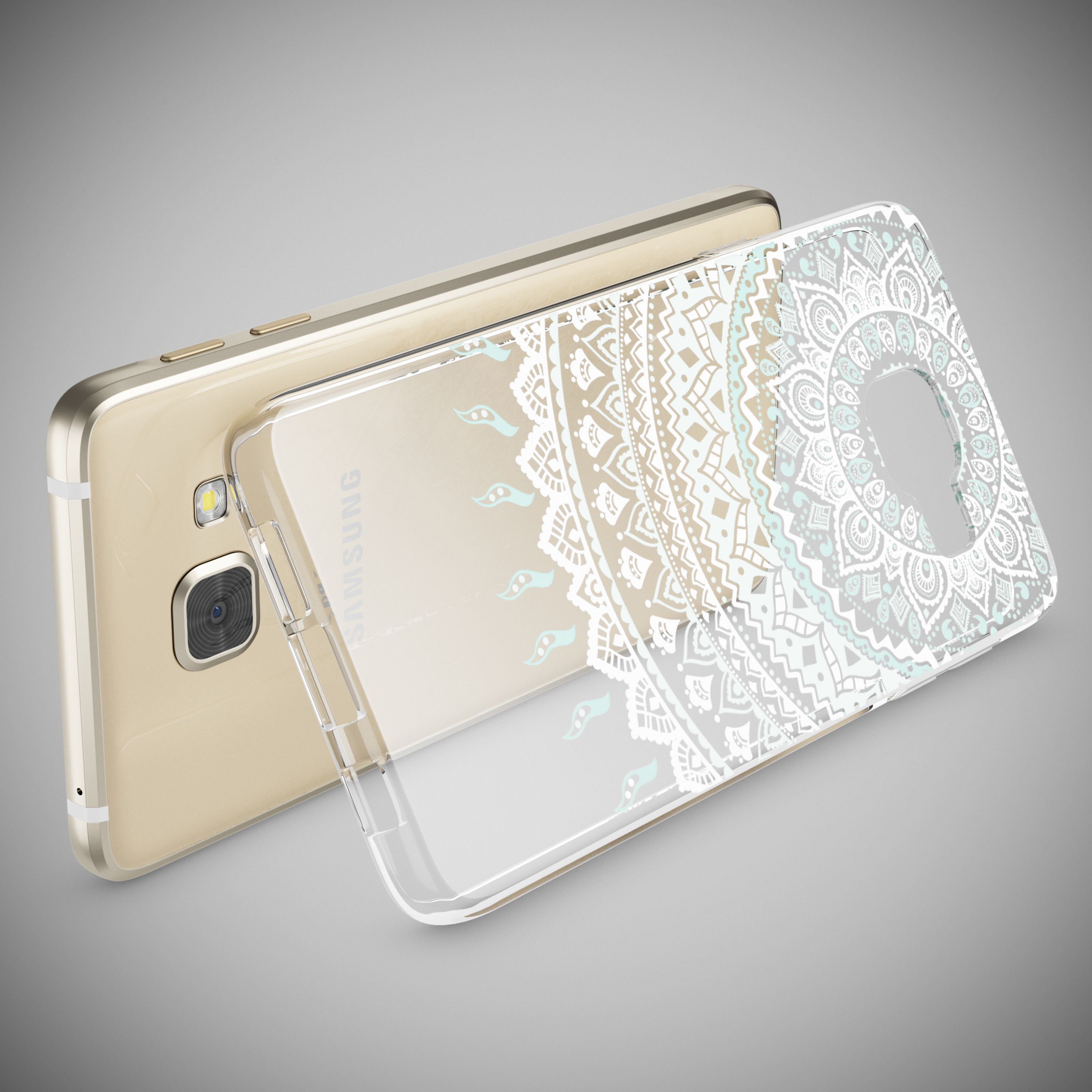 Goldenes Samsung Handy mit weißem Mandala-Muster auf durchsichtiger Hülle.